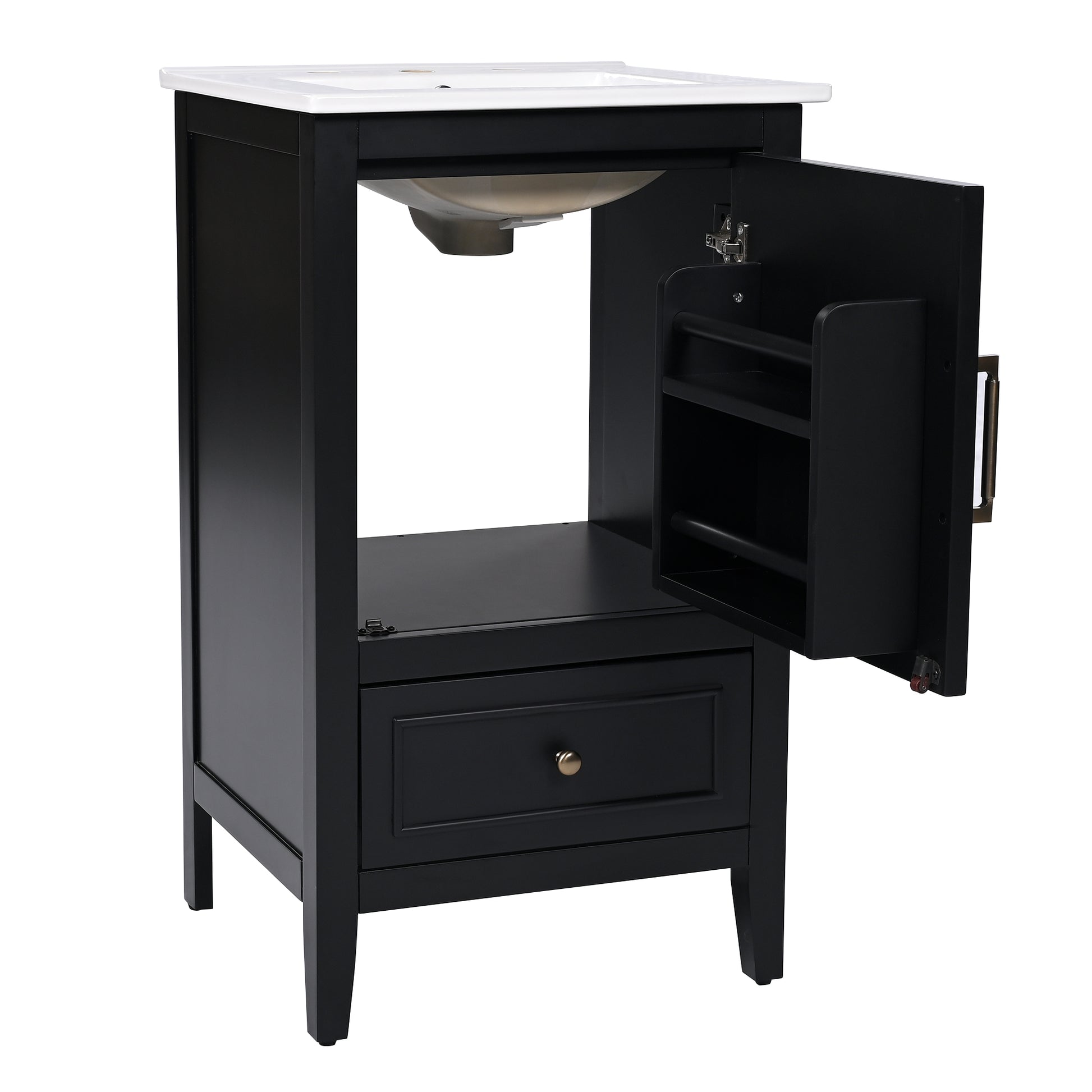 20" Bathroom Vanity With Sink, Bathroom Cabinet With A Door, Door Shelf Storage And Adiustable Foot Pads, A Drawer, Black Black Solid Wood Mdf