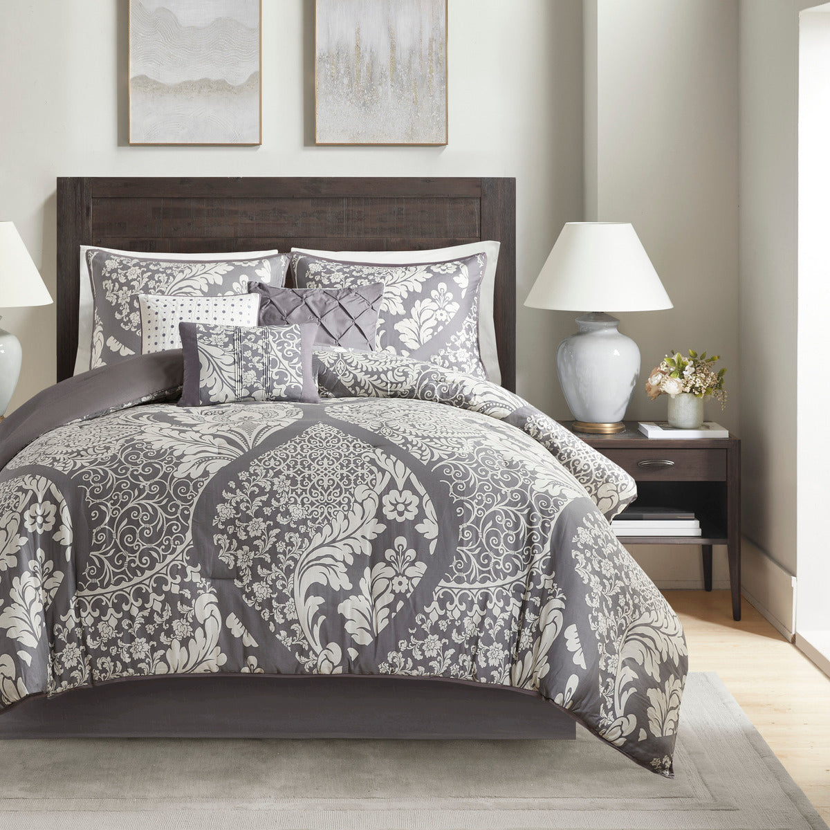 7 Piece Cotton Printed Comforter Set Grey Cal King California King Grey Polyester