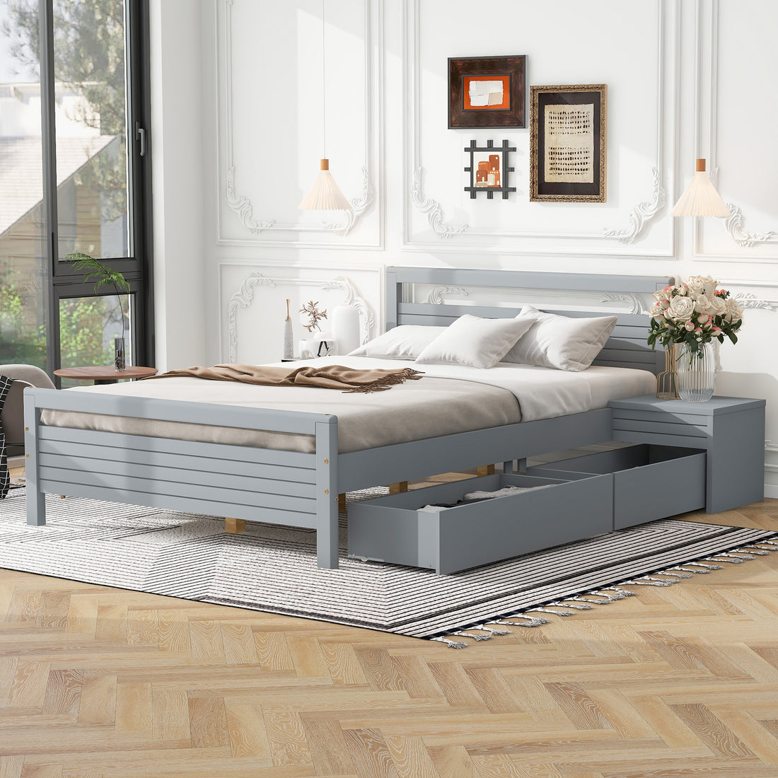 Full Size Wooden Platform Bed With 2 Storage Drawers And 2 Bedside Tables, Gray Full Gray Pine