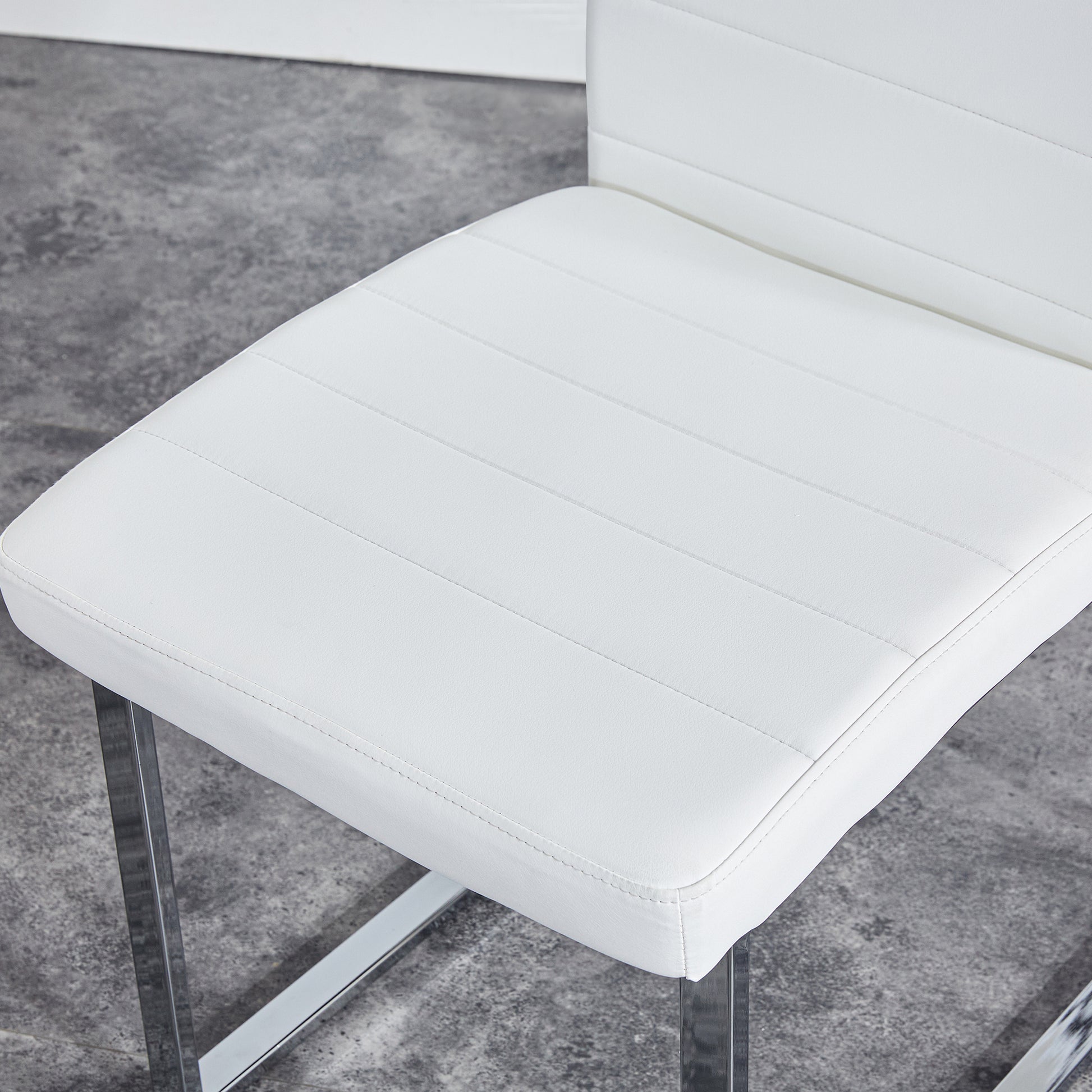 Table And Chair Set.63"X35.4" White Marble Patterned Mdf Dining Table Set With 6 Armless White Pu Chairs.The Backrest Of The Dining Chair Is Designed With Multiple Horizontal Stripes. White Seats 6