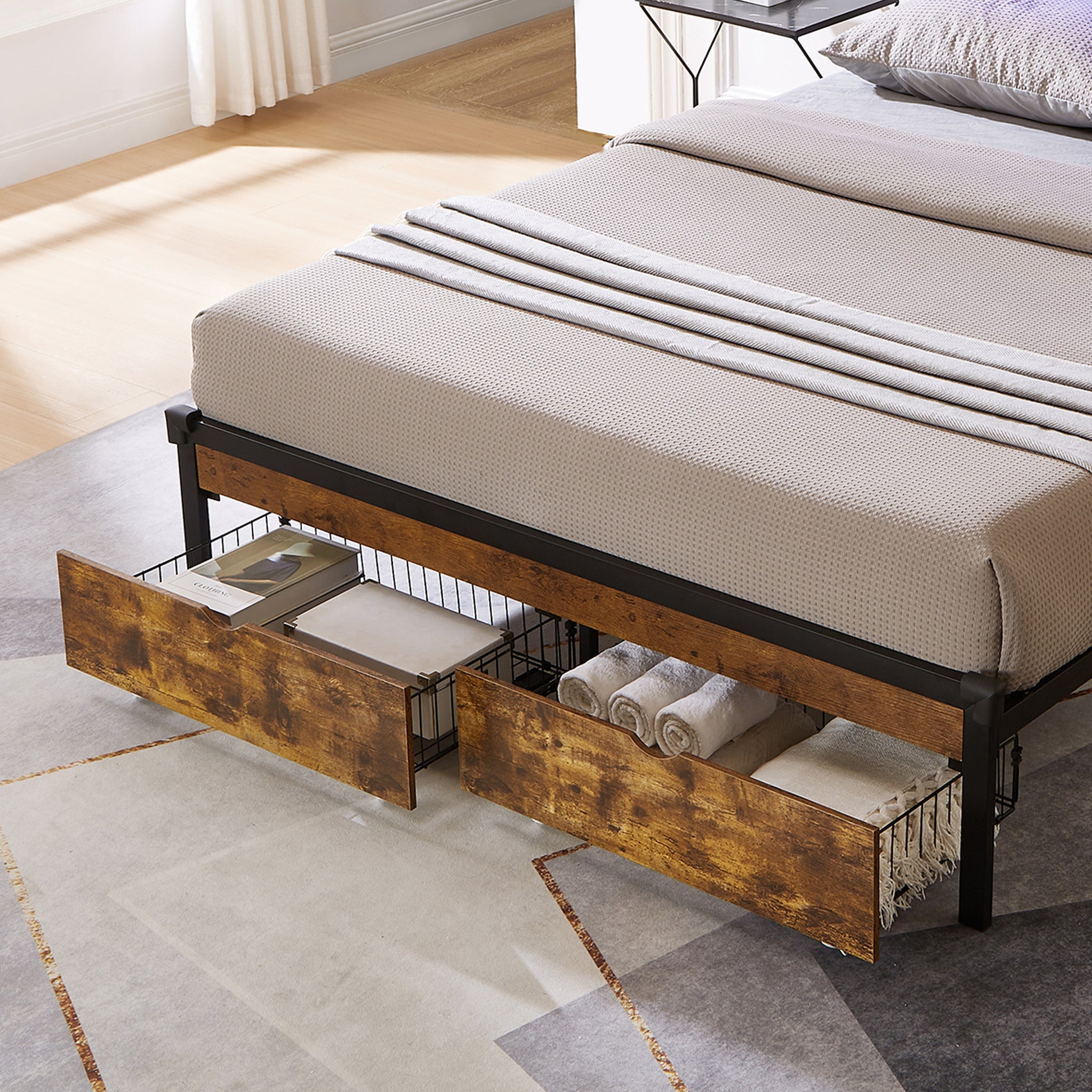 Queen Bed Drawers Black Brown Mdf Metal