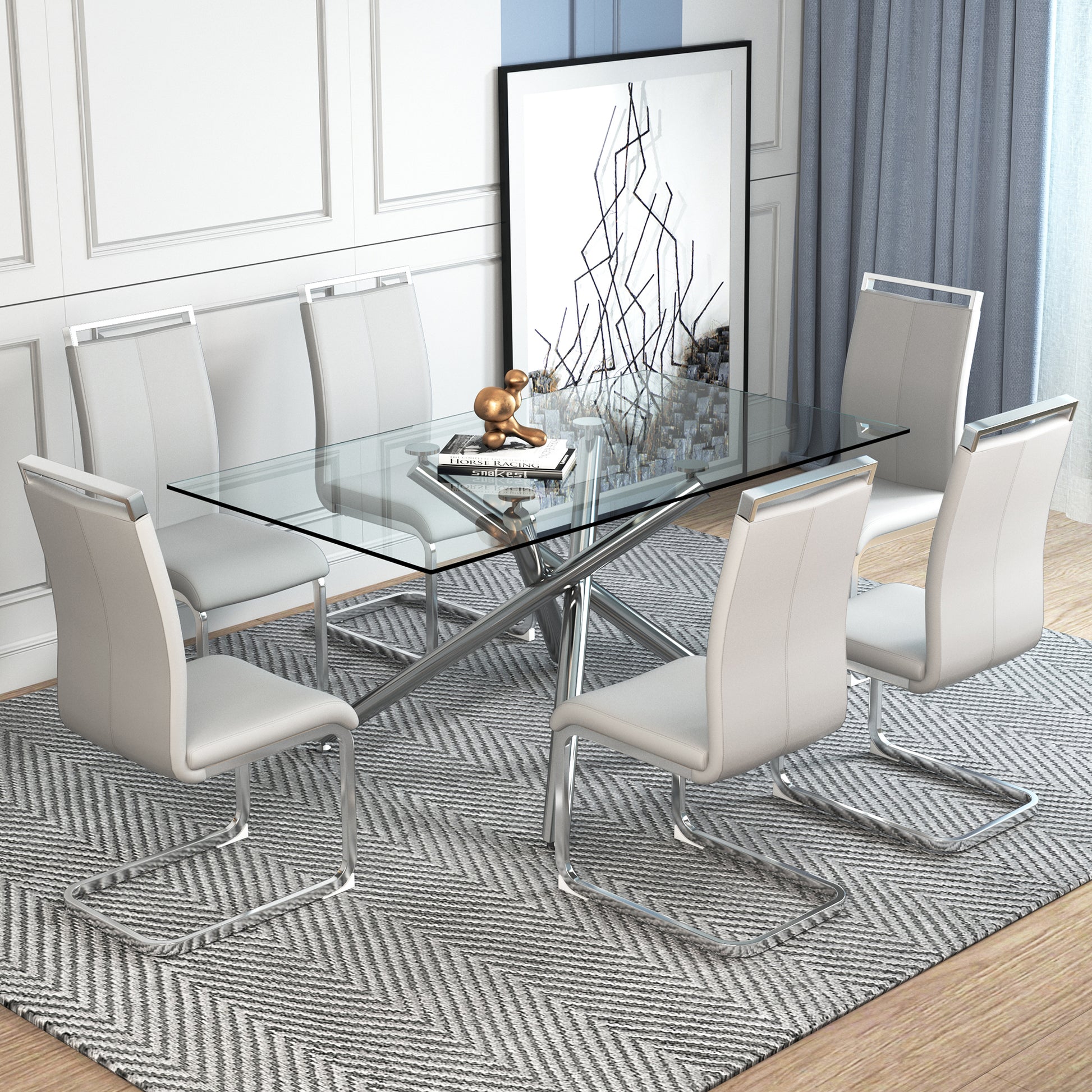 Table And Chair Set.Modern Luxurious Transparent Tempered Glass Dining Table Set.Paried With 6 Light Gray Chairs With Pu Cushion And Silver C Tube Metal Legs. Light Gray,Transparent Seats 6 Glass