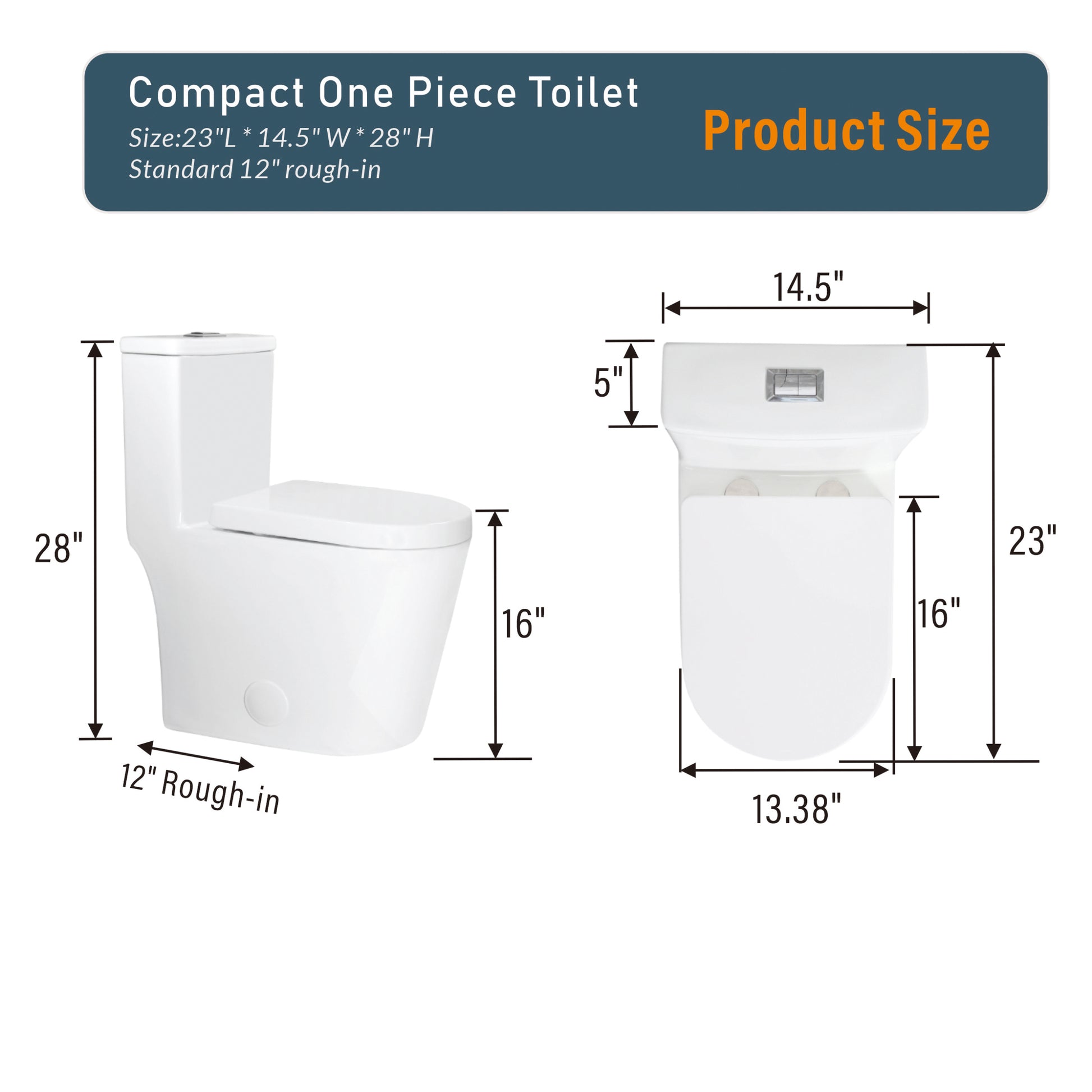 Small Compact One Piece Toilet Dual Flush,23 Inch Short Depth For Tiny Bathroom,White White Bathroom Modern Porcelain