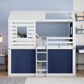 Twin Size Bunk Wood House Bed With Tent, Blue White Twin Blue Solid Wood Mdf