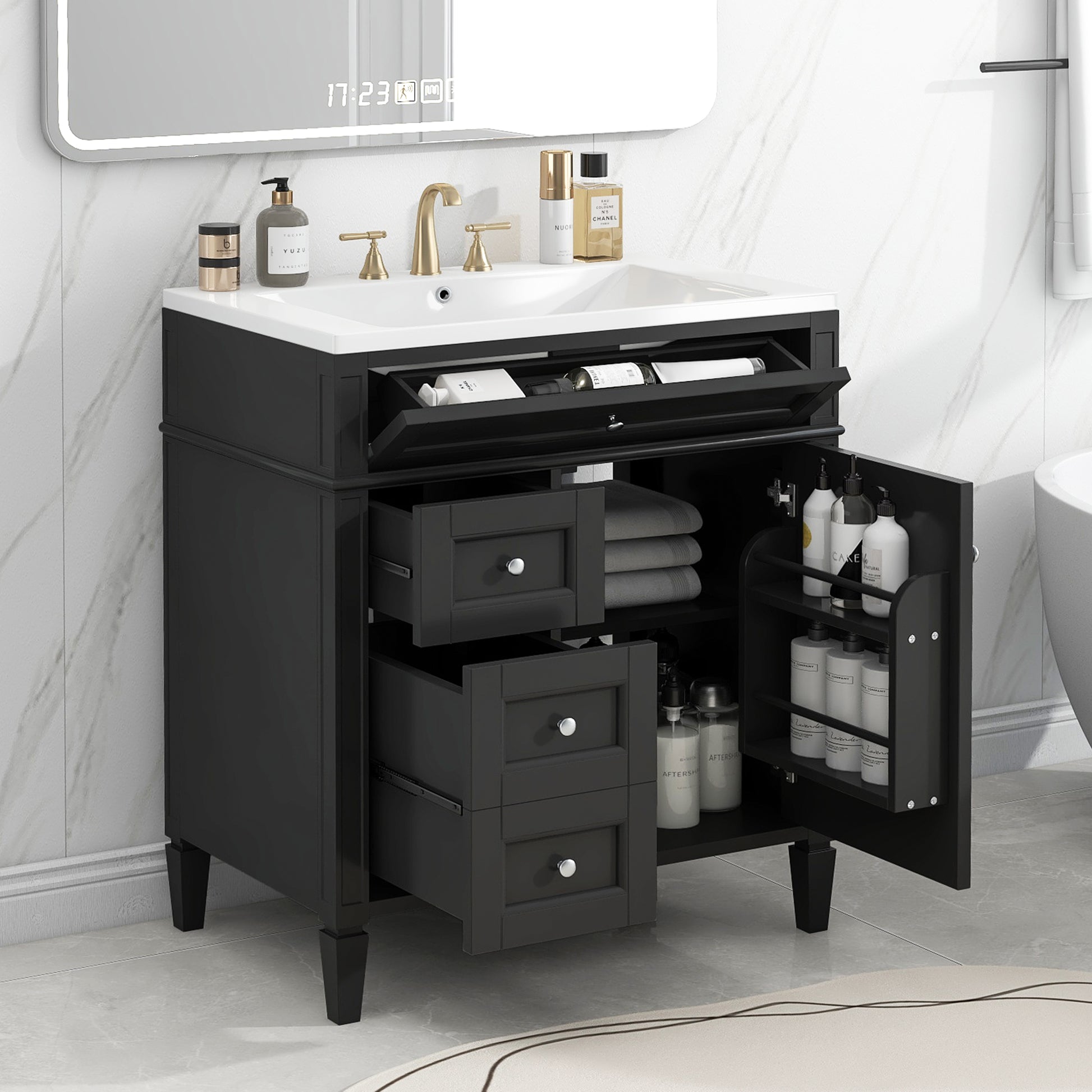 30'' Bathroom Vanity With Top Sink, Modern Bathroom Storage Cabinet With 2 Drawers And A Tip Out Drawer, Single Sink Bathroom Vanity Black Bathroom Solid Wood Mdf