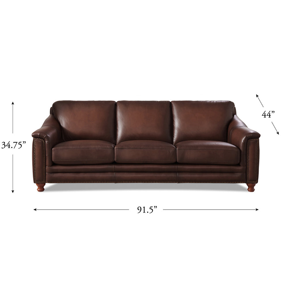 Belfast Top Grain Leather Sofa Couch Brown Genuine Leather Wood Primary Living Space Medium Firm Cushion Back Mid Century Modern Eucalyptus Square Arms Down Filling Leather 3 Seat