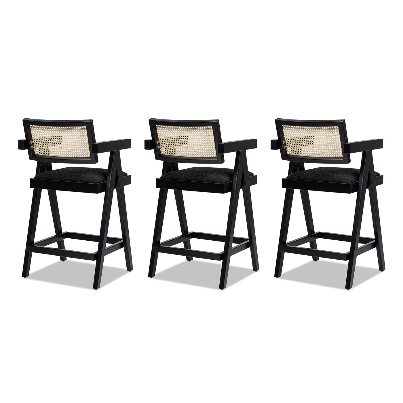 Milan 25.5" Modern Resin Webbing Back Bar Stool With Arms, Set Of 3, Ebony Black Boucle Black Foam Boucle