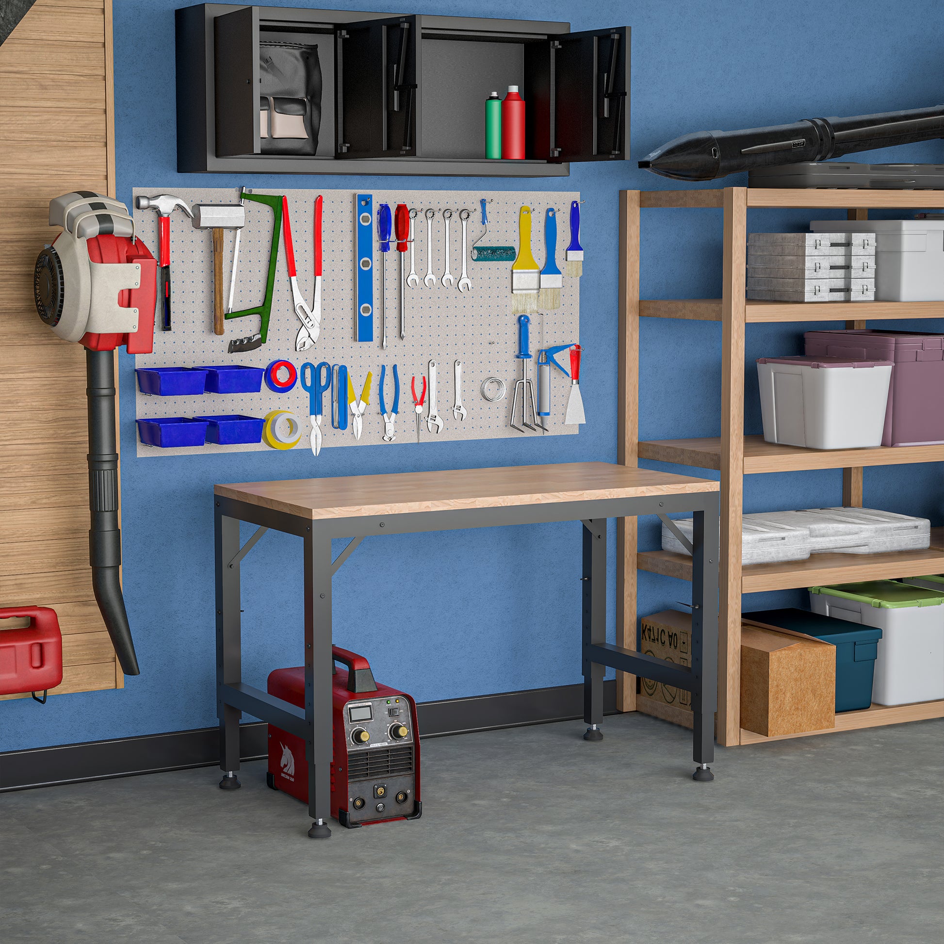 48" Heavy Duty Adjustable Workbench For Garage, Rubber Wood Shop Table W Rubber Pads, Hardwood Workstation Weight Capacity Over 2000 Lbs Black Metal & Wood