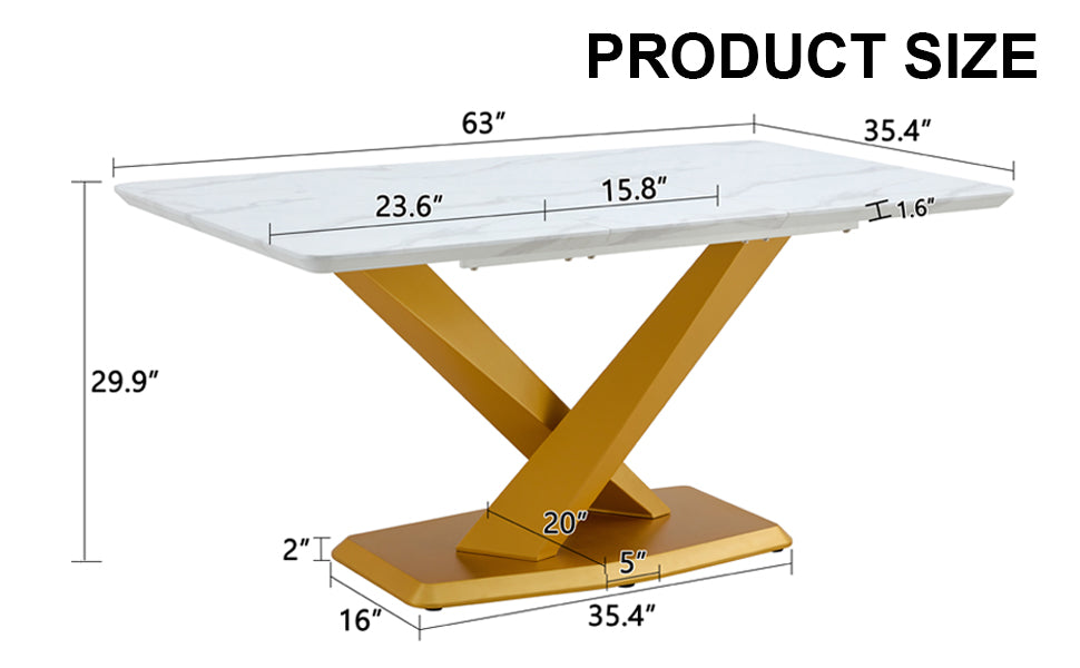 Large Modern Minimalist Rectangular White Imitation Marble Dining Table For 6 8 People With Mdf Top And Golden Legs, F 1551 Gold Mdf