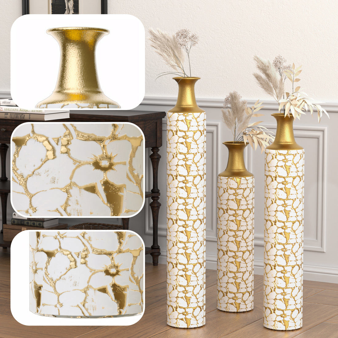 Floor Vases Gold Large Vases 32 28 24 Inch Decorative High Vases Set Of 3 For Home Decor Vintage Large Vases Representing Twigs Twigs Dried Flowers Living Room Antique Worn Vases Antique White American Design,American Traditional Metal