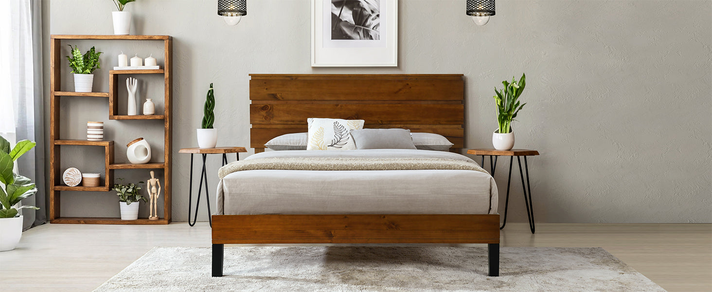 Mid Century Modern Solid Wood Bed Frame King Size Platform Bed With Three Piece Headboard Design, No Box Spring Needed, Brown King Brown Pine