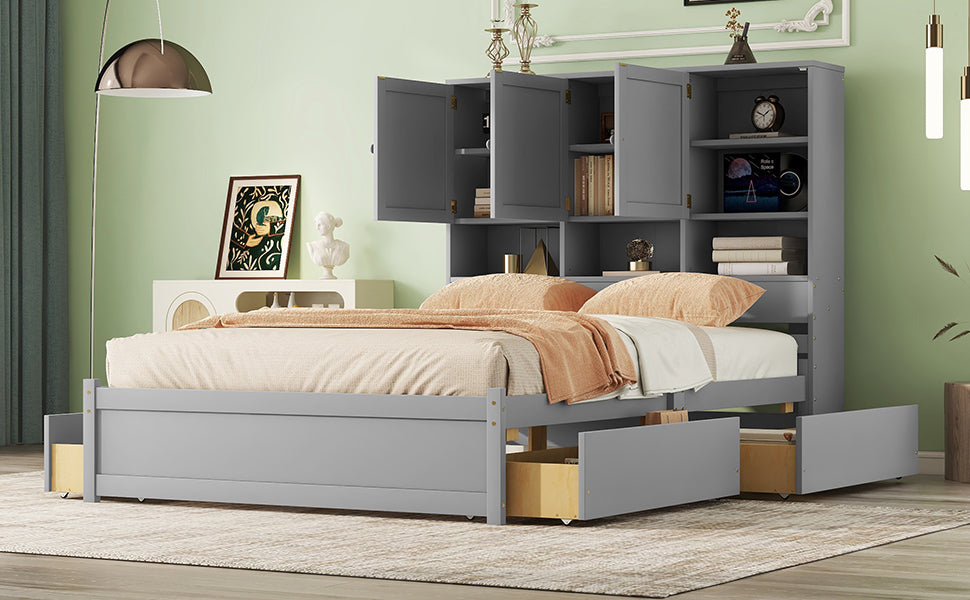 Queen Size Platform Bed With Storage Headboard And 4 Drawers, Gray Box Spring Not Required Queen Gray Wood Bedroom Bed Frame Solid Wood Mdf
