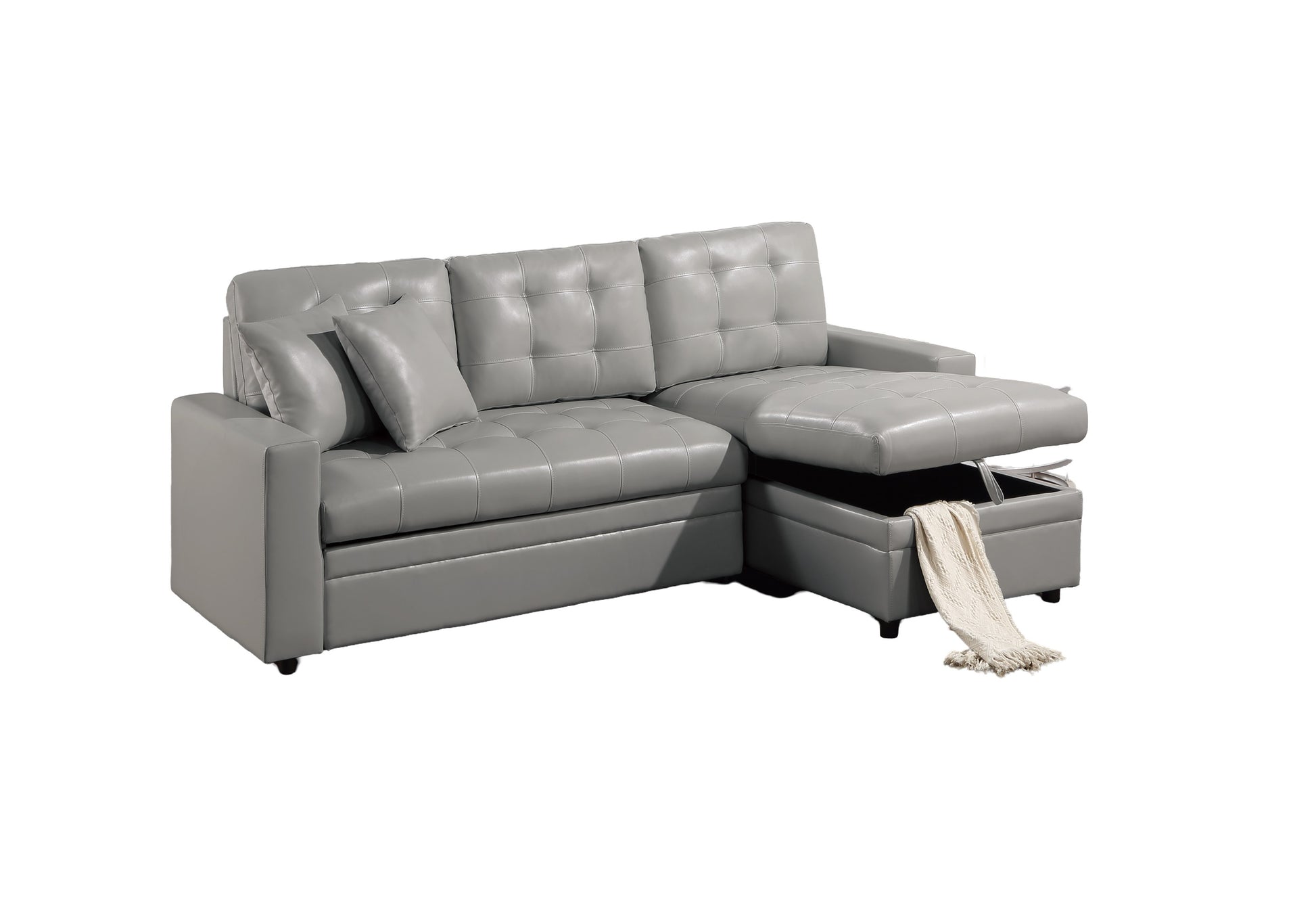 Light Gray Faux Leather Convertible Sectional Sofa Pull Out Bed Couch Storage Chaise Tufted Reversible 2Pc Sectional Living Room Light Gray Primary Living Space Tufted Back Contemporary,Modern L Shaped Square Arms Faux Leather 4 Seat