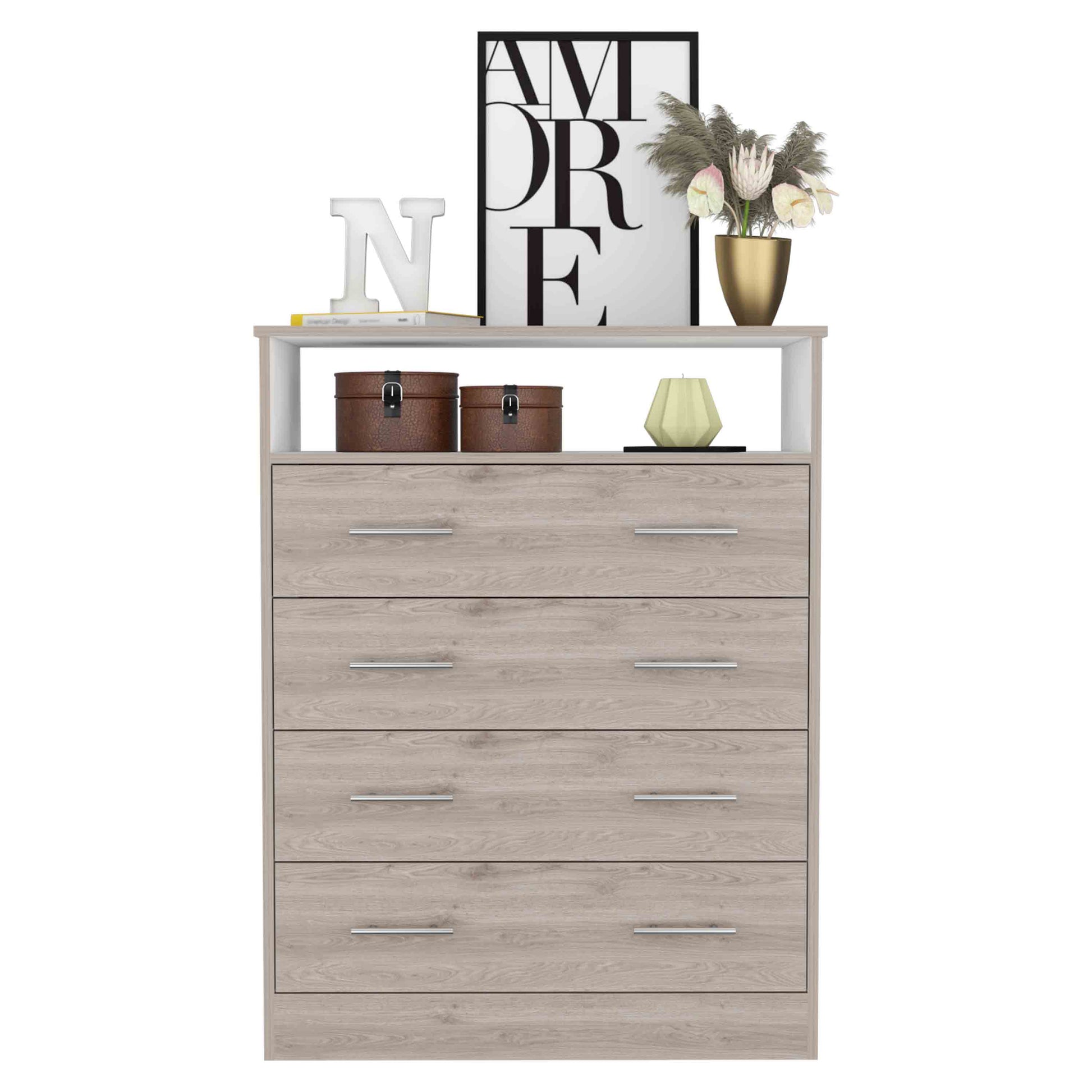 Four Drawer Dresser, Superior Top, One Open Shelf, Light Gray White Multicolor Solid Wood Mdf Engineered Wood