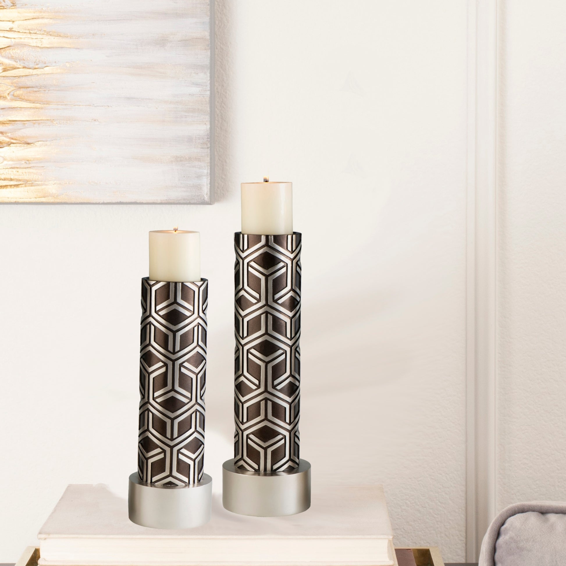 14" And 16" Tall Polyresin Candleholder, Espresso And Silver Finish Set Of 2 Multicolor Polyresin