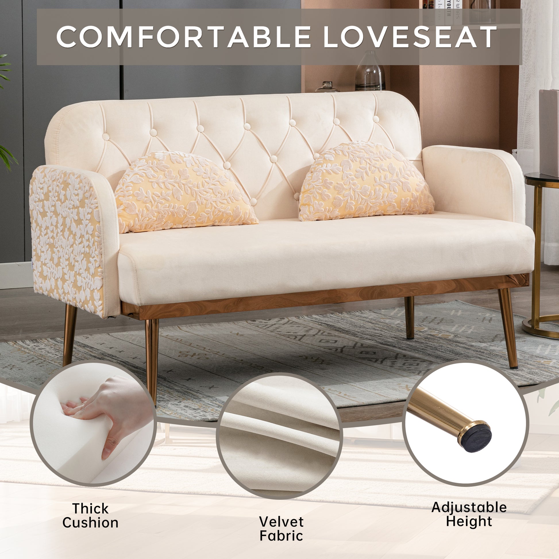 Coolmore Modern Velvet Loveseat Sofacomfy Upholstered 2 Seater Sofa With Gold Metal Legs, Small Loveseat Accent Couch For Living Bedroom Leisure Areas Beige Velvet Beige Foam Polyester 2 Seat