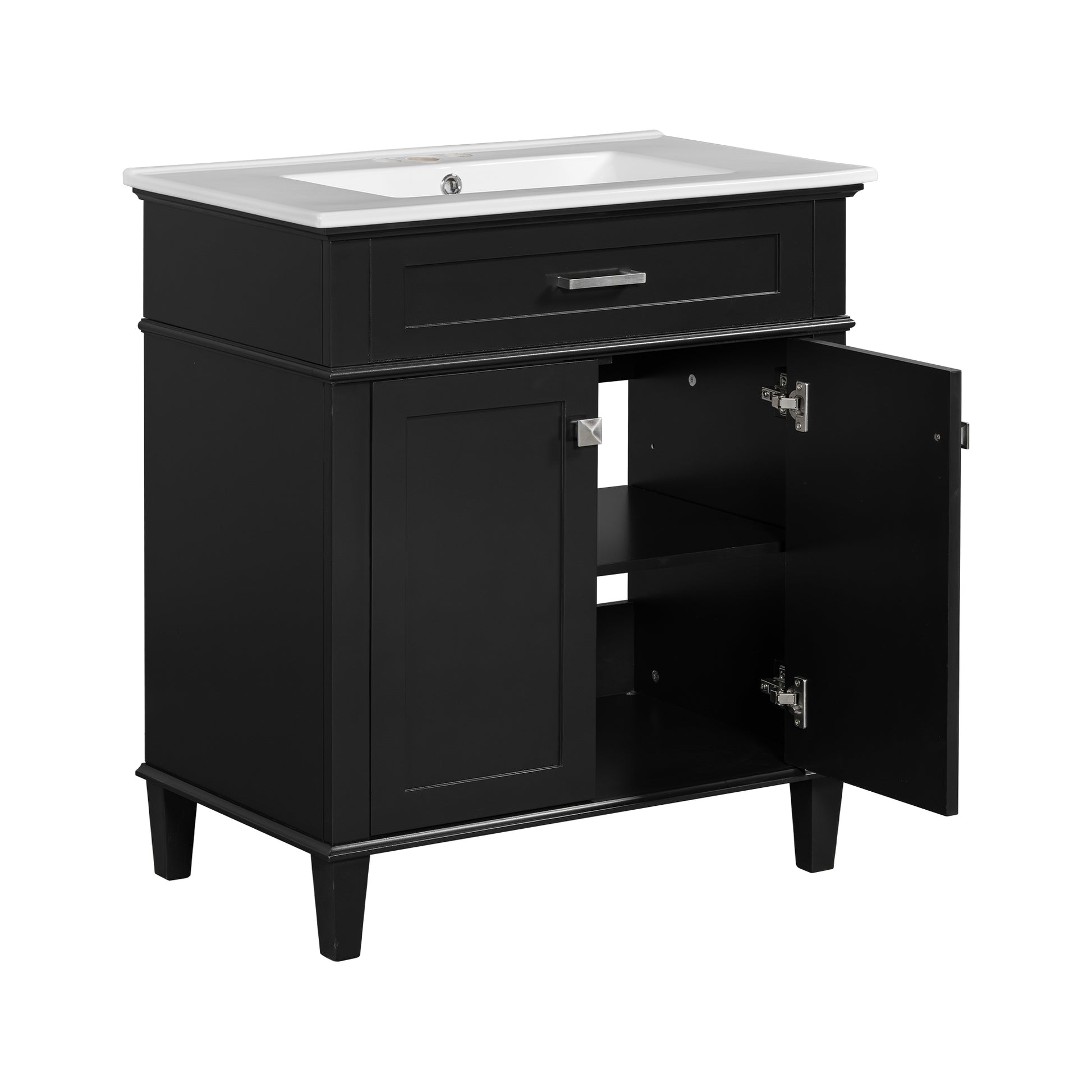30 Inch Bathroom Vanity With Ceramic Basin, Soft Close Door And Adjustable Shelves Black Bathroom Solid Wood Mdf