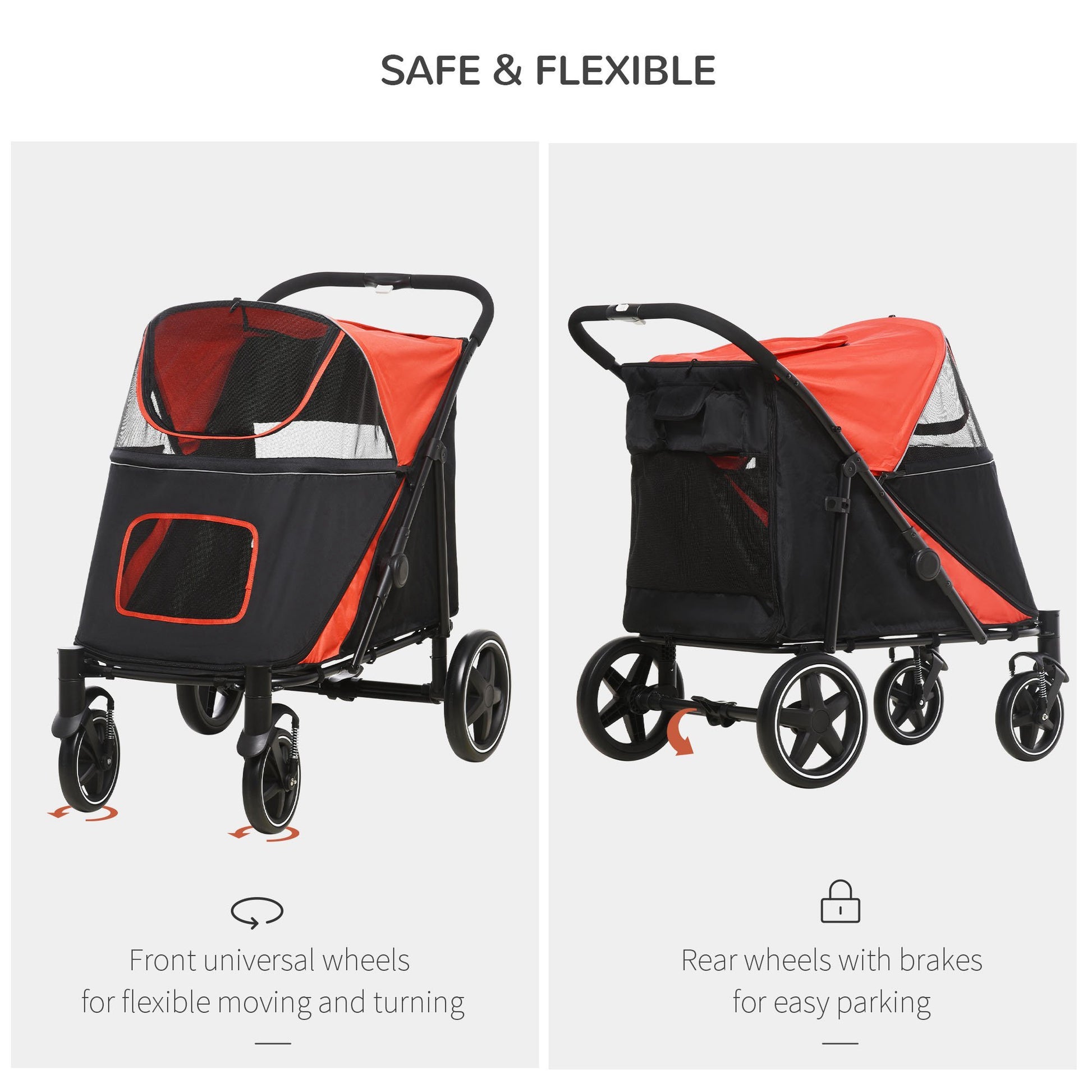 Pawhut One Click Foldable Doggy Stroller For Medium Large Dogs, Pet Stroller With Storage, Smooth Ride With Shock Absorption, Mesh Window, Safety Leash, Big Dog Walking Stroller, Red Red Steel