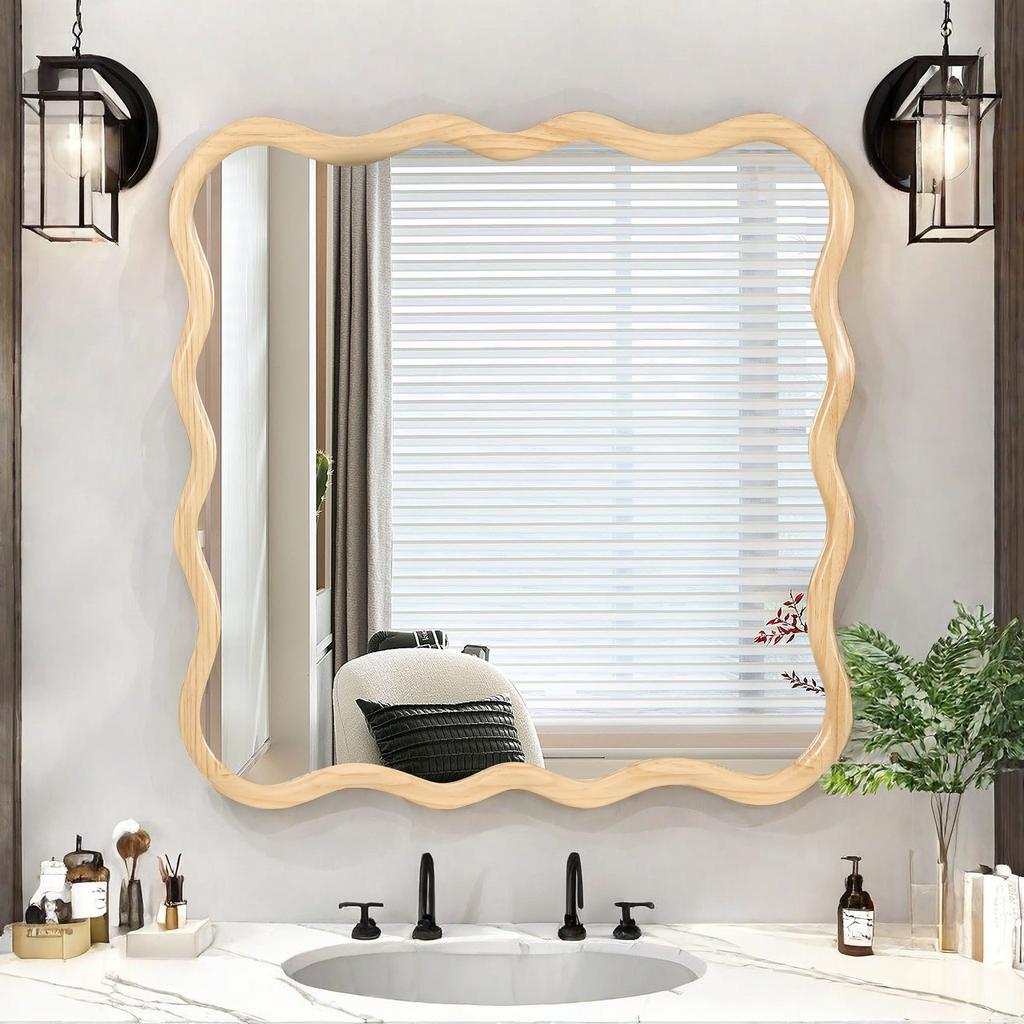 Solid Wood Wavy Square Mirror Natural Wood 36" X 36" Modern Mirror Wall Decor For Bathroom, Bedroom, Living Room, Dining Room, Cloakroom, Entryway Natural Wood Glass Solid Wood