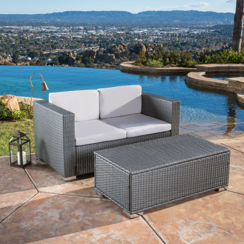 Florence Sofa & Table Grey Silver Rattan Waterproof Fabric Metal
