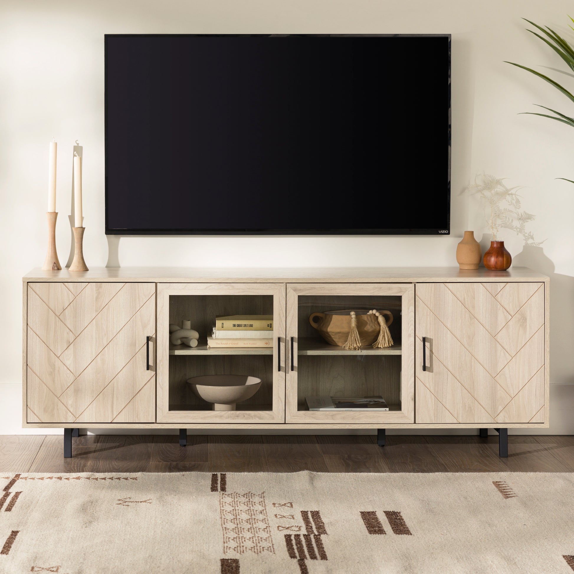 Modern Scandinavian 4 Door Herringbone 70" Tv Stand For Tvs Up To 80" Birch Light Brown Mdf