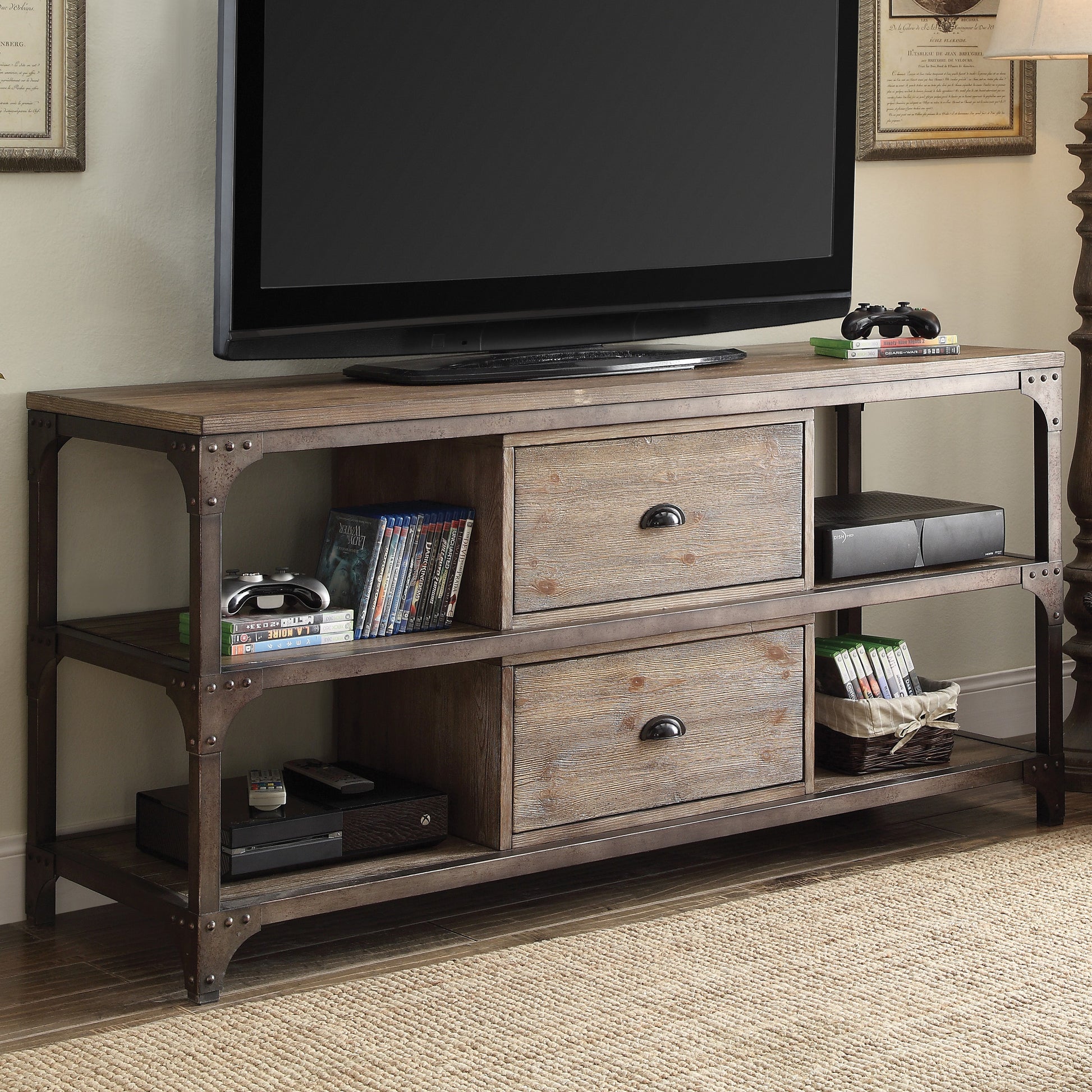 Weathered Oak And Antique Silver 4 Shelf Tv Stand Oak Silver 55 Inches Primary Living Space 50 59 Inches Modern 55 Inches Pine Wood