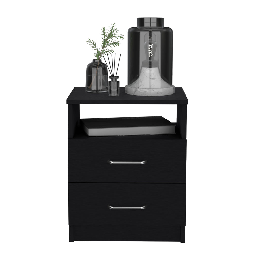 Nightstand 20"H, Two Drawers, One Shelf, Superior Top, Black Black Particle Board Particle Board