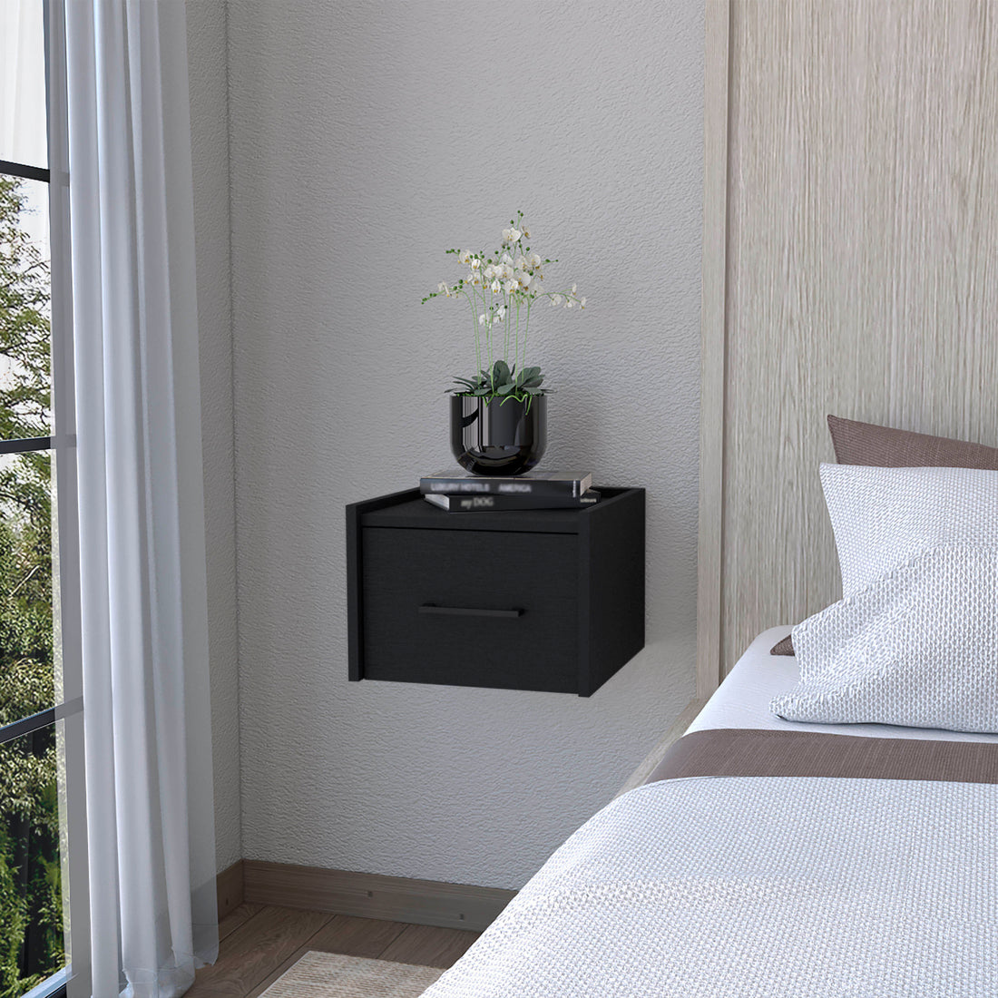 Elfrida Wall Mounted Nightstand, Sleek Single Drawer Design With Spacious Top Shelf Black 1 Drawer Floating Contemporary Melamine Engineered Wood