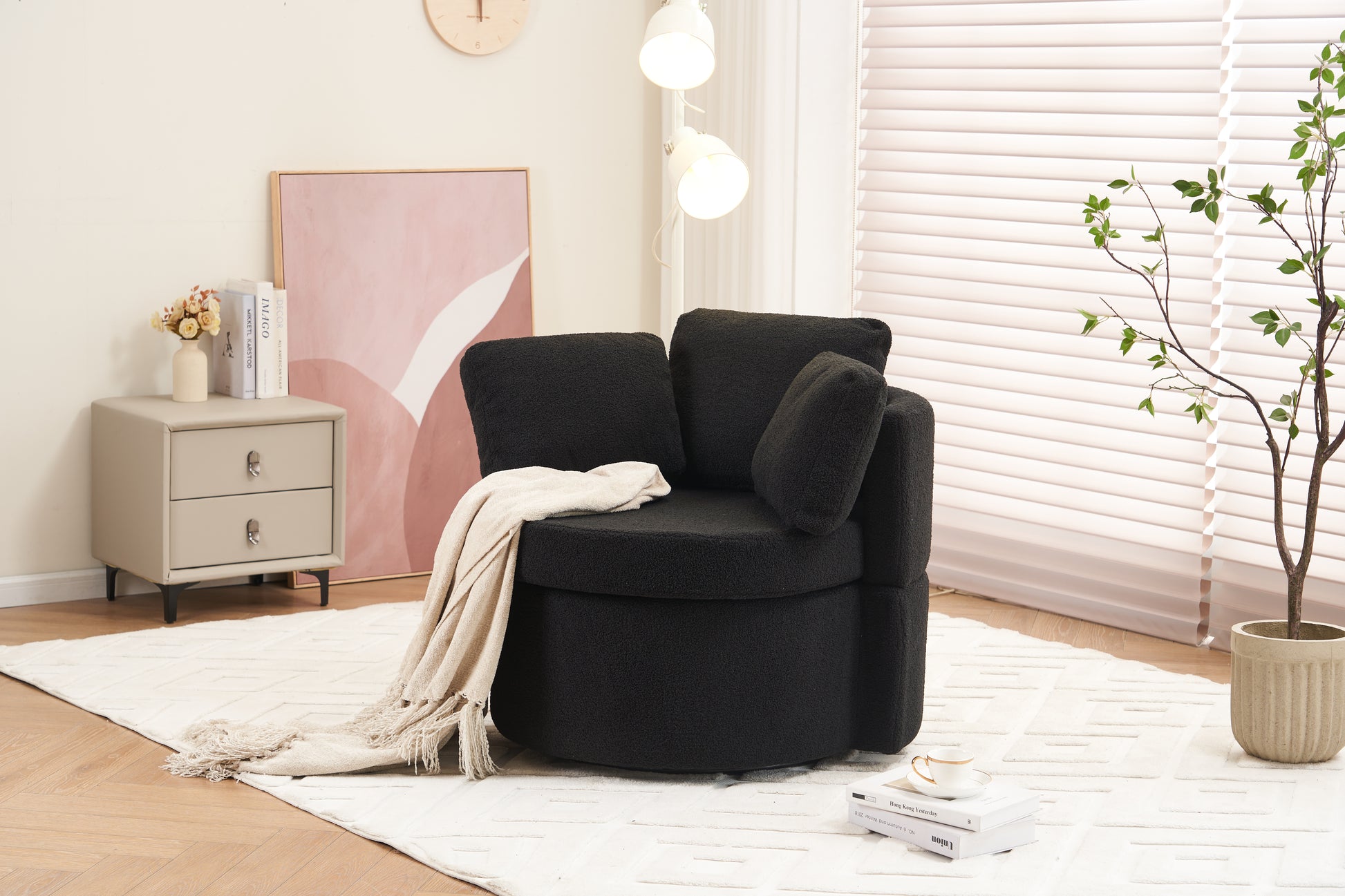 029 Teddy Fabric Swivel And Storage Chair With Back Cushion For Living Room,Black Black Primary Living Space Modern Foam Teddy