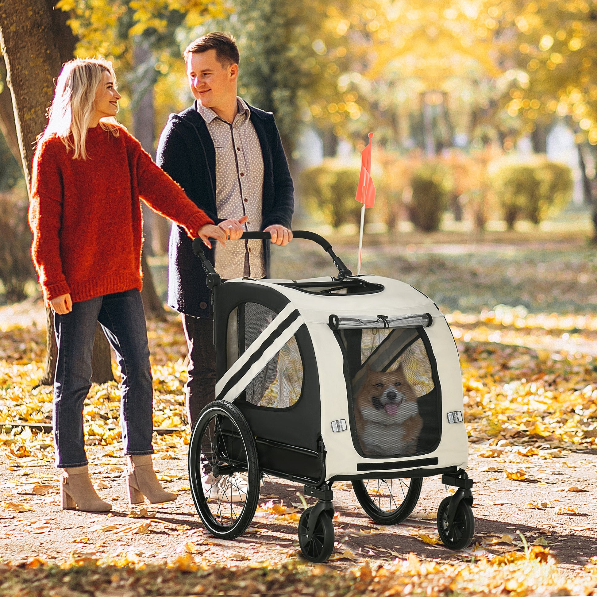 Aosom 2 In 1 Pet Bike Trailer For Small Dogs, Road Visibility Bicycle Stroller, Weather Strong Bike Wagon Trailer Sidecar Attachment, White White Steel