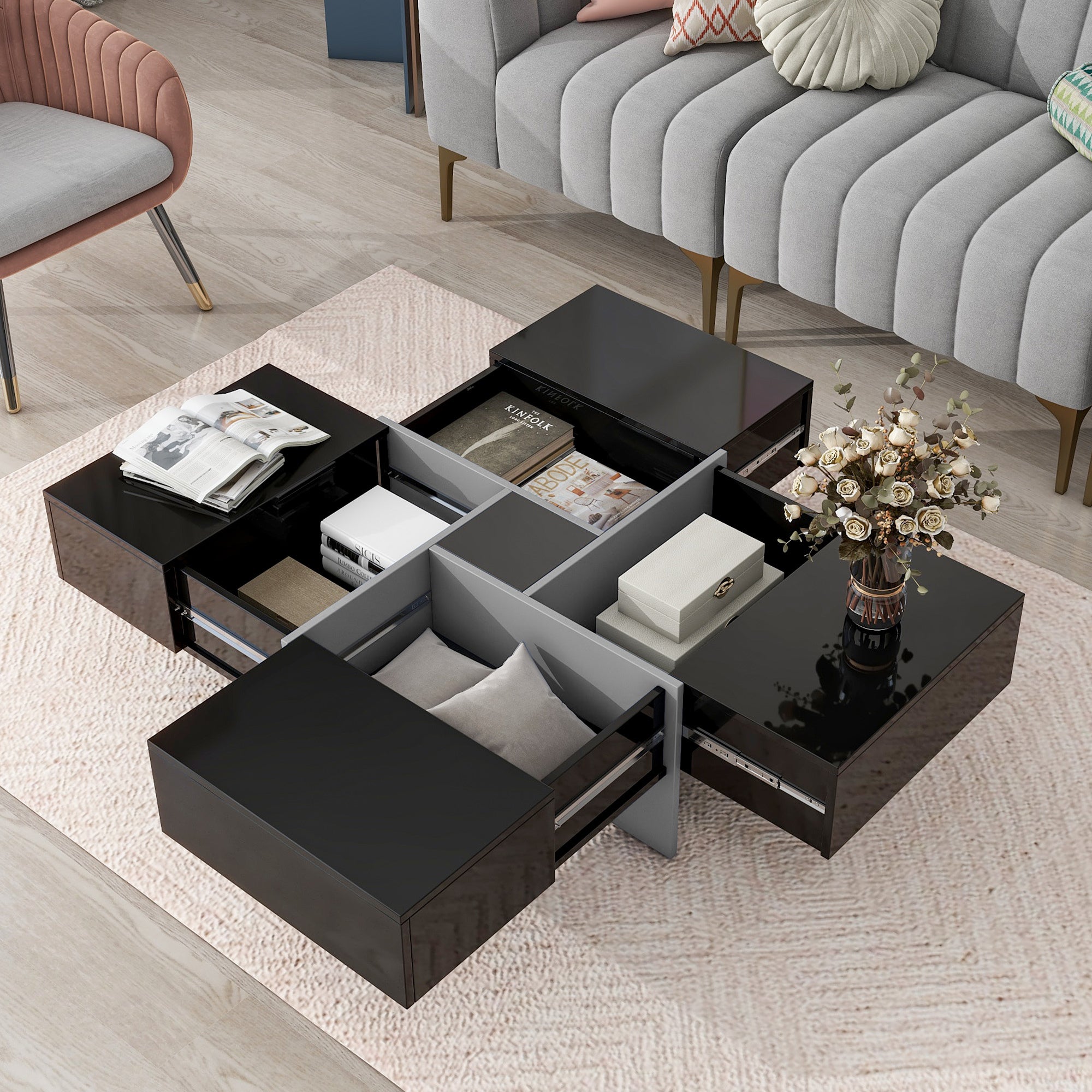 Unique Design Coffee Table With 4 Hidden Storage Compartments, Square Cocktail Table With Extendable Sliding Tabletop, Uv High Gloss Design Center Table For Living Room, 31.5"X 31.5" Black Soft Close Drawers Primary Living Space Freestanding Square