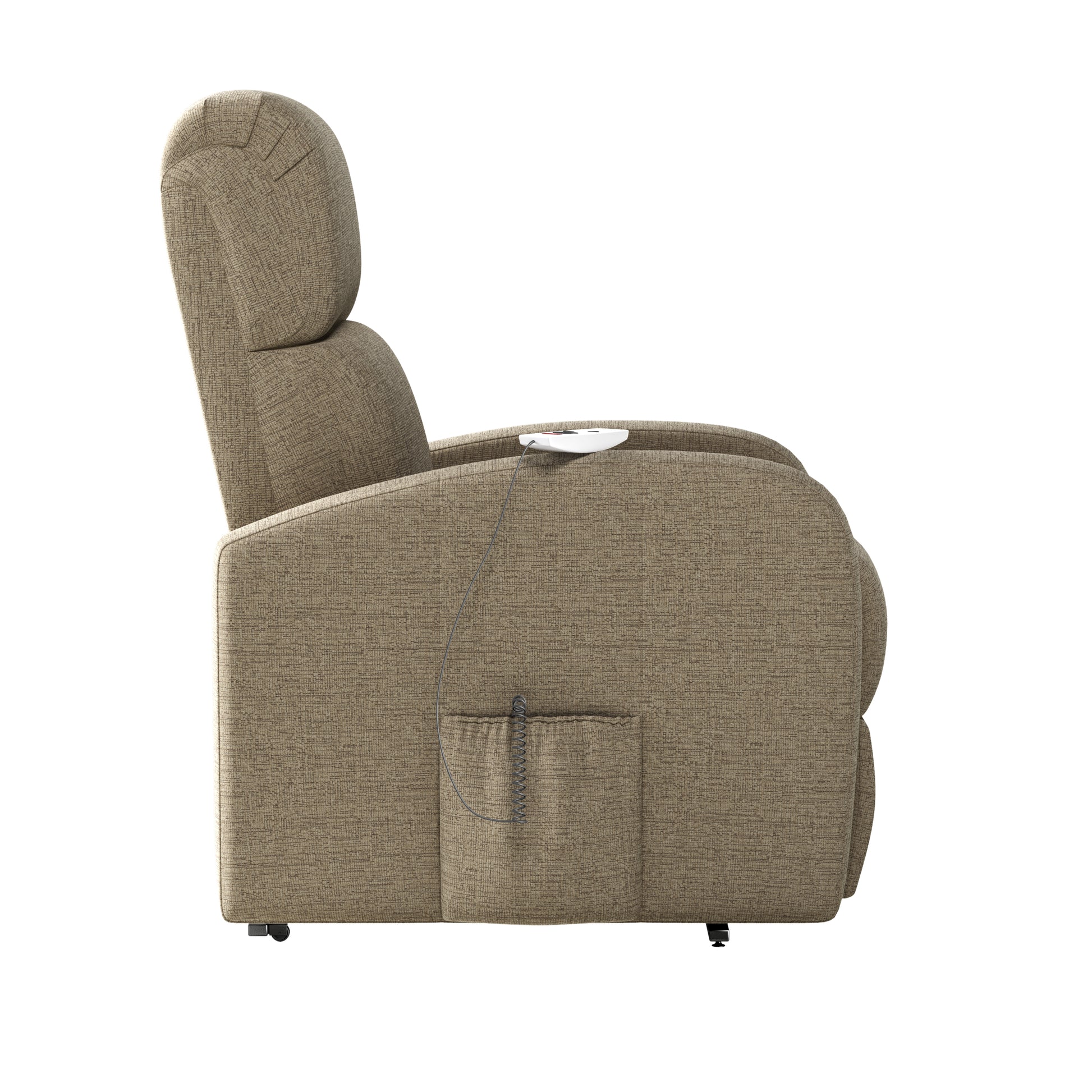 The Sandy Recliner Chair Tan Polyester Power Remote Wood Soft Cushion Back Push Button Fiber Foam Pads Polyester