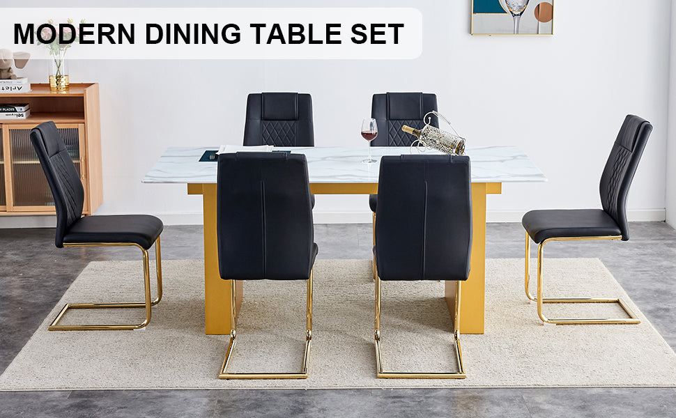 Table And Chair Set.Large Modern Rectangular Table With 0.4 Inch Patterned Glass Tabletop And Large Mdf Table Legs.Comes With 6 Chairs With Faux Leather Cushioned Seats And Golden Metal Legs. Gold White Seats 6 Mdf Glass