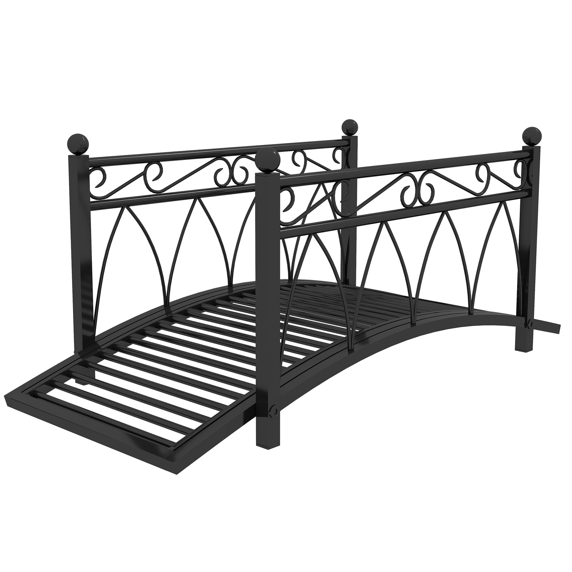 Outsunny 3.3' Metal Arch Zen Garden Bridge With Safety Siderails, Decorative Footbridge, Delicate Scrollwork & Corner Spheres For Stream, Fish Pond, Black Black Steel