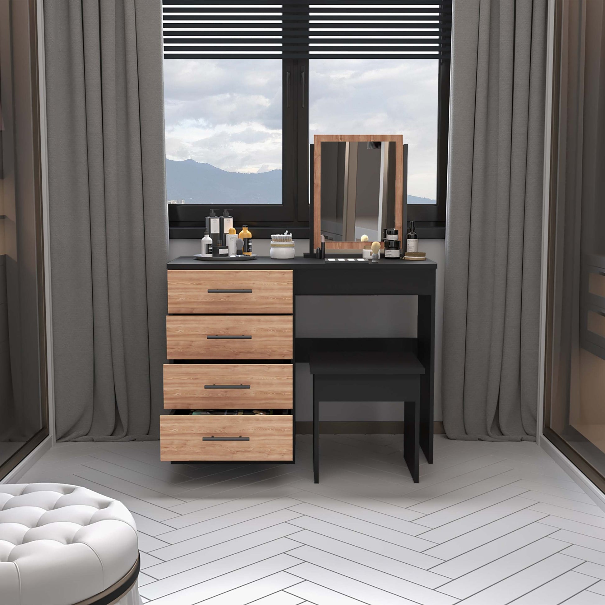 Black And Pine 4 Drawer Makeup Dressing Table With Stool Black Particle Board