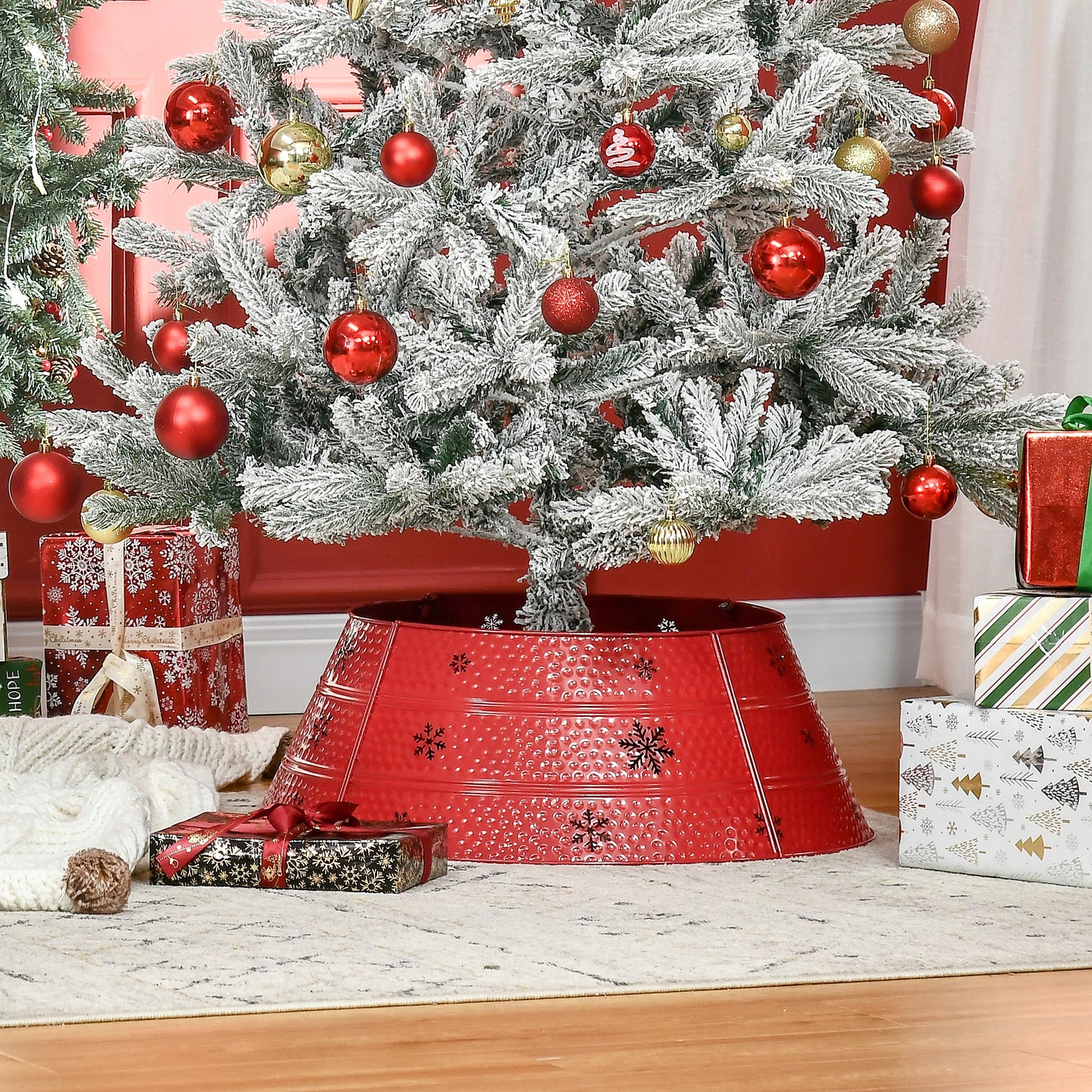 Homcom Christmas Tree Collar, Steel Tree Ring Skirt, Home Xmas Decoration For Christmas Tree, 26" X 26" X 9", Red Red Steel