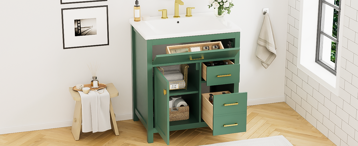 30 Inch Green Bathroom Vanity With Ceramic Sink And Large Storage Ideal Choice For Small Bathrooms Green Solid Wood Mdf