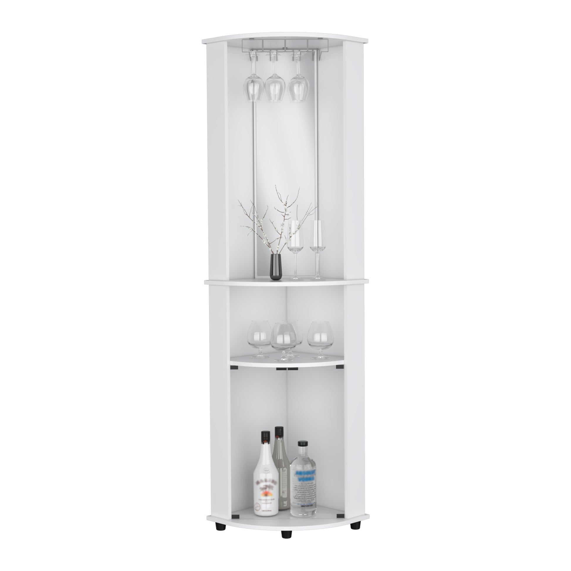 Corner Bar Cabinet Unit With Wine Glass Rack And Lower Cabinet, White White Solid Wood Mdf Engineered Wood