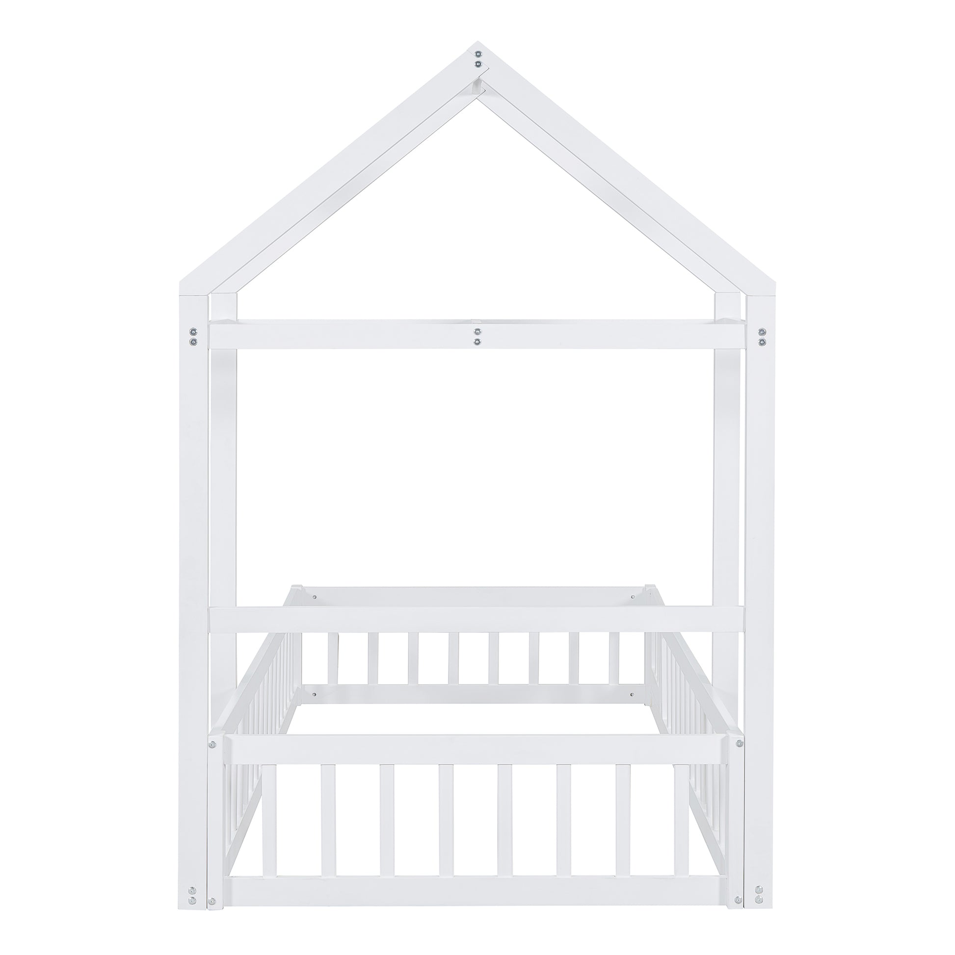 Wooden Floor Bed With Fence Railings And Detachable House Shape Headboard, Twin Size Bed With Kids Dress Up Rack, Kids Montessori Style Playhouse Frame For Girls Boys, White Twin White Wood