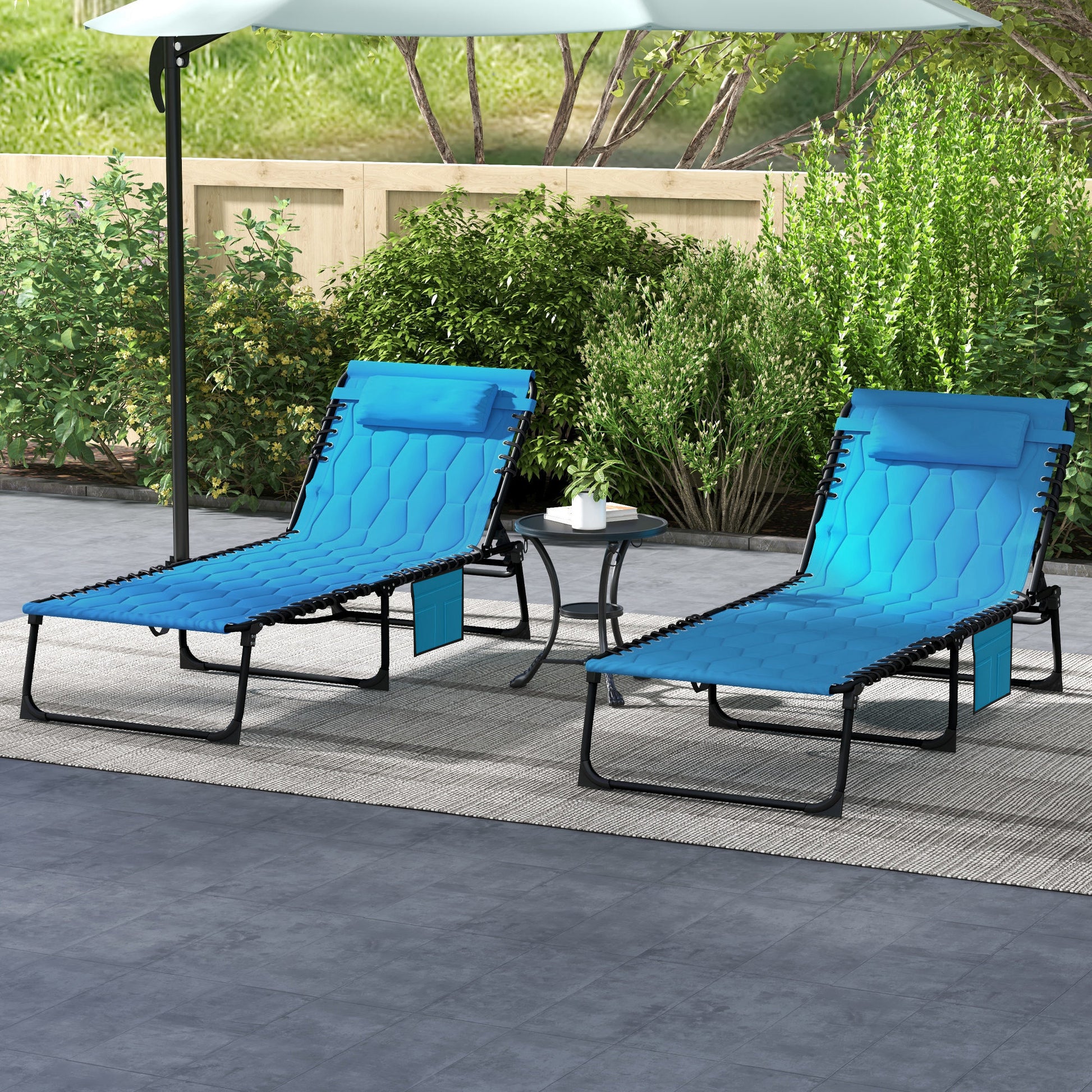 Outsunny Folding Chaise Lounge Set With 5 Level Reclining Back, Outdoor Lounge Tanning Chair With Padded Seat, Side Pocket & Headrest For Beach, Yard, Patio, Sky Blue Blue Steel