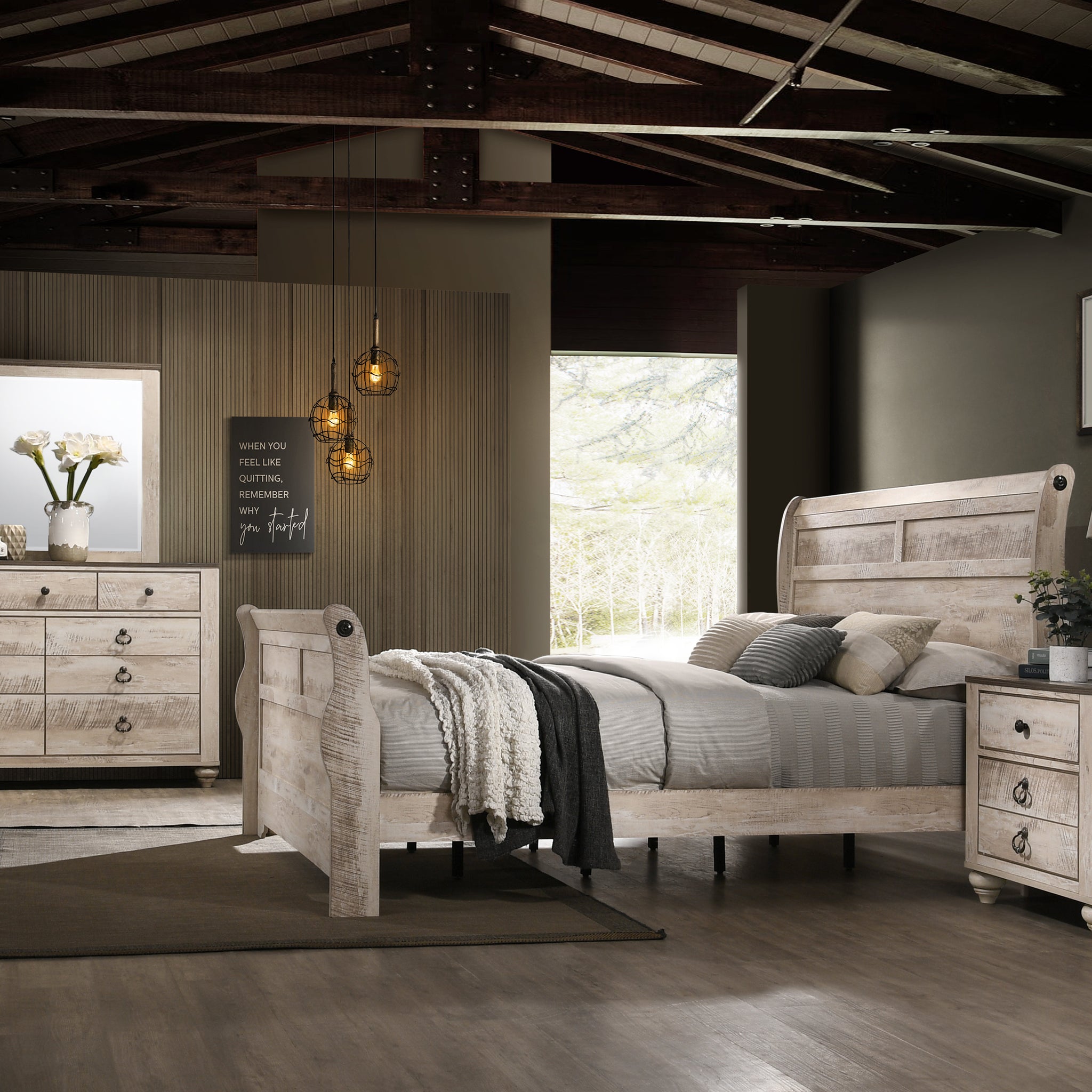 Imerland Contemporary White Wash Finish Bedroom Set With King Sleigh Bed, Dresser, Mirror, Nightstand Box Spring Required King Walnut Brown Wood Light Brown 4 Piece Set Bedroom Bed Included,Dresser Included,Mirror Included,Nightstand Included