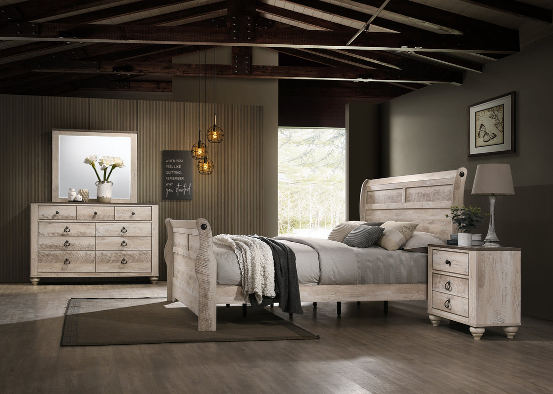 Imerland Contemporary White Wash Finish Bedroom Set With King Sleigh Bed, Dresser, Mirror, Nightstand Box Spring Required King Walnut Brown Wood Light Brown 4 Piece Set Bedroom Bed Included,Dresser Included,Mirror Included,Nightstand Included