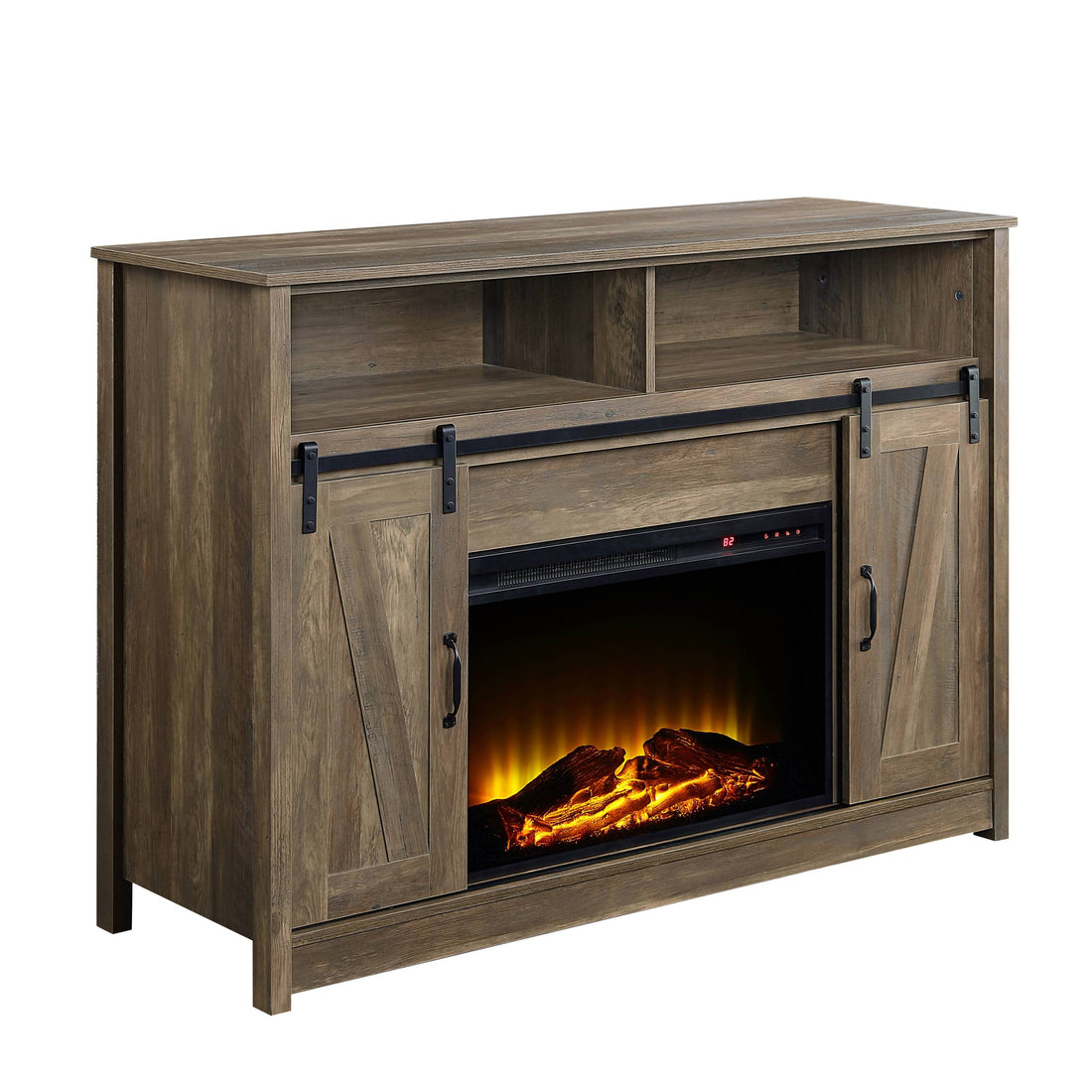 Rustic Oak 2 Door Fireplace With 2 Shelves Electric Rustic Primary Living Space Farmhouse,Rustic No Freestanding Paper Composite Electric