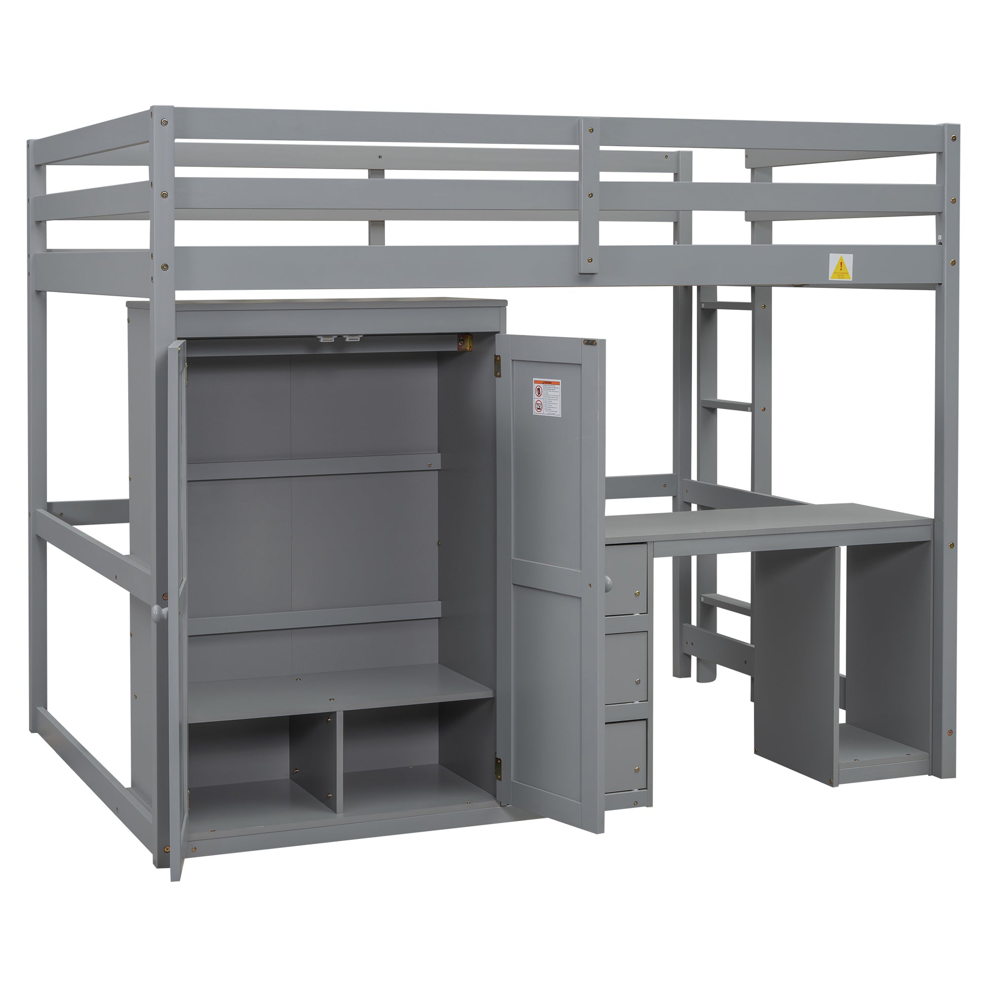 Full Size Loft Bed With Wardrobe, Desk And Storage Drawers, Gray Full Gray Pine
