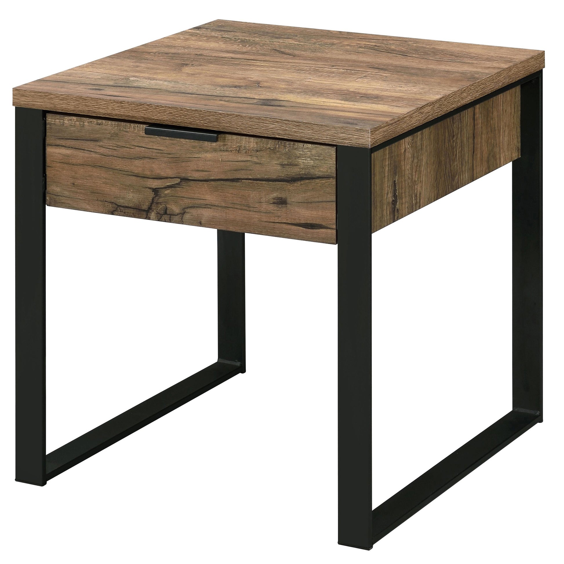 Weathered Oak And Black End Table With 1 Drawer Black Brown Primary Living Space Industrial Drawers Rectangular Wood Metal Sled