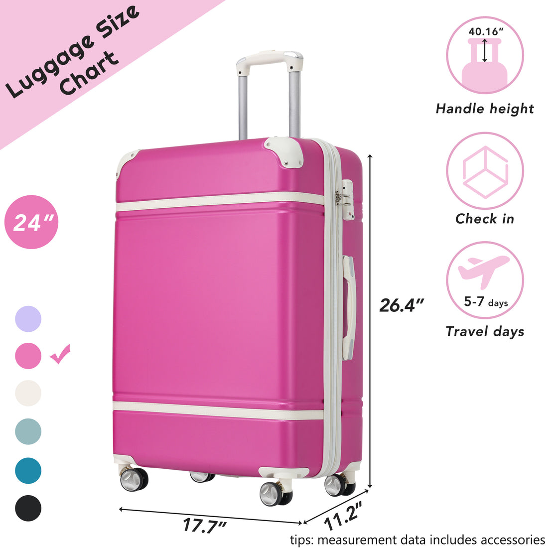 Hardshell Luggage With Tsa Lock24" Expandable Lightweight Suitcase With Spinner Wheels, Single Vintage Luggage,Pink Pink Abs