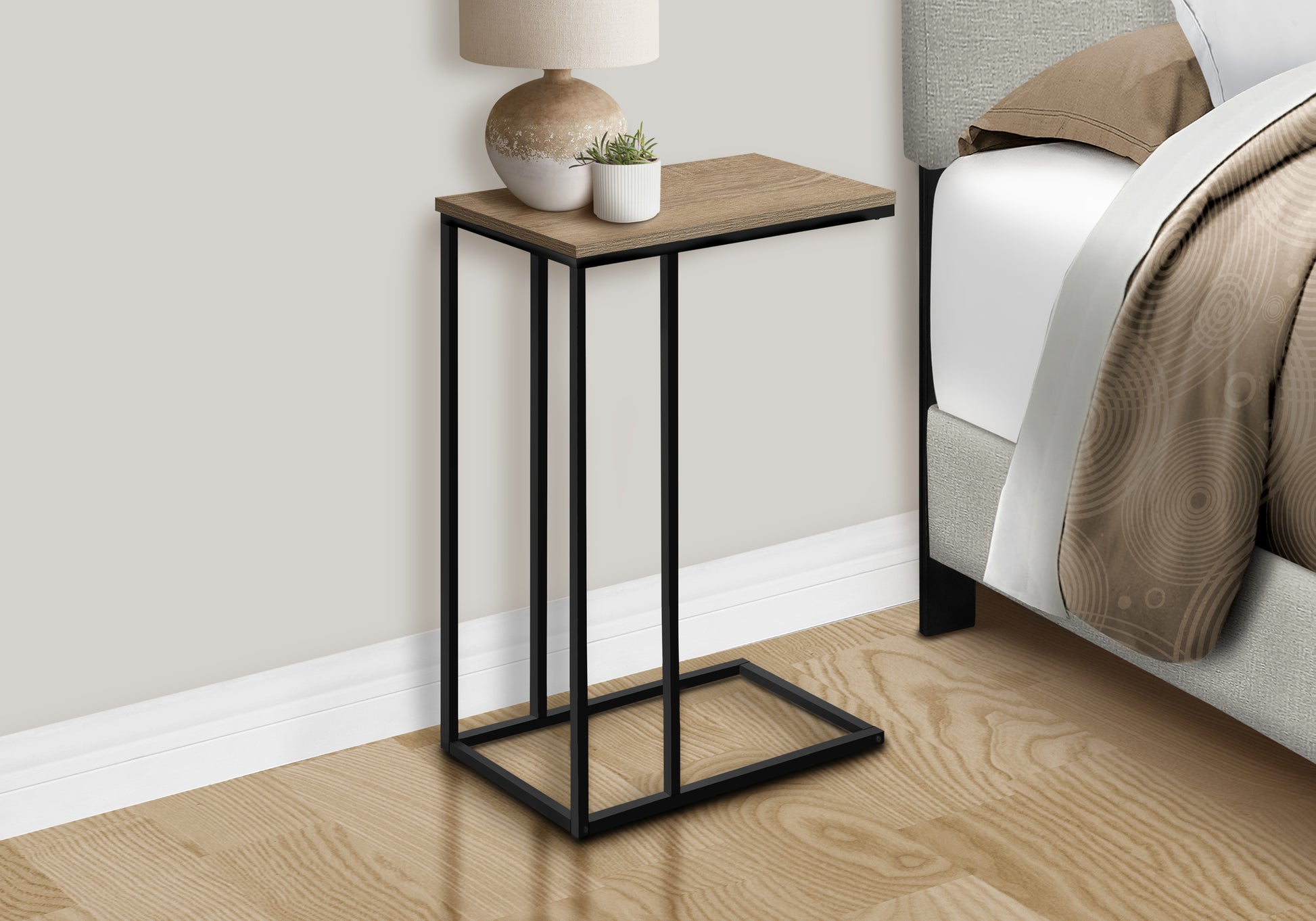 Accent Table, C Shaped, End, Side, Snack, Living Room, Bedroom, Brown Laminate, Black Metal, Contemporary, Modern Taupe Particle Board