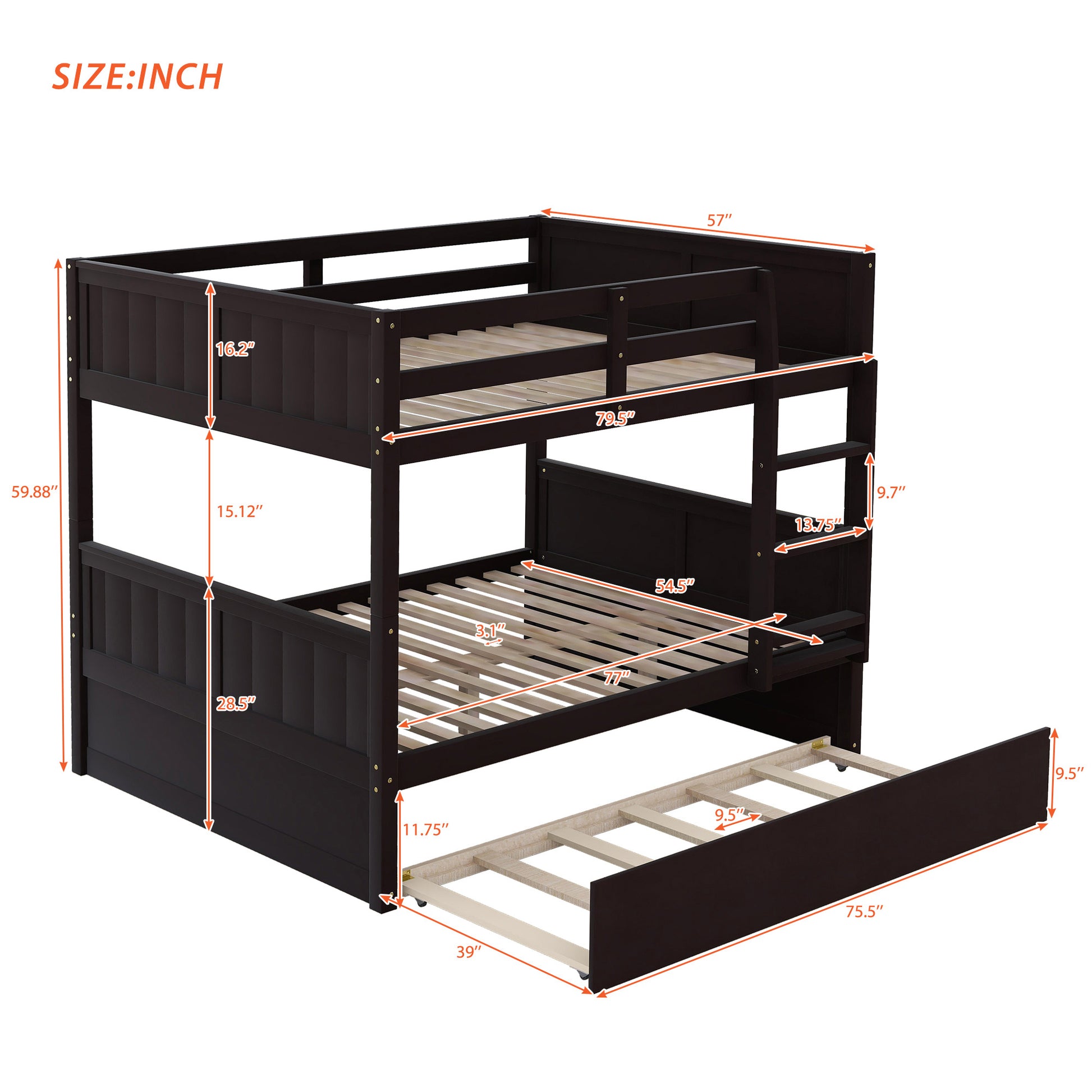 Full Over Full Bunk Bed With Twin Size Trundle, Espresso Old Sku: Lp000250Aap Full Espresso Solid Wood