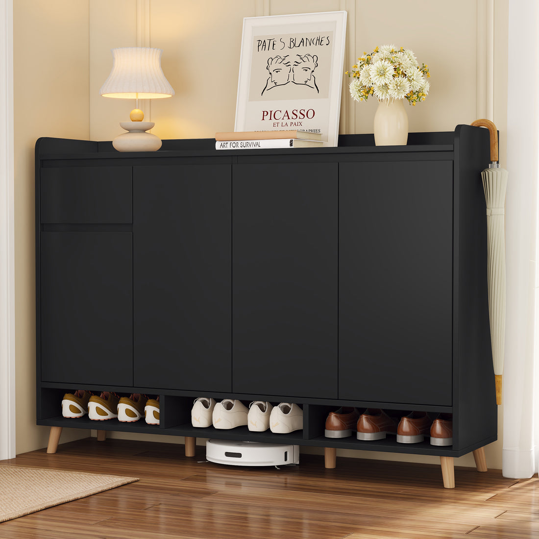 Sleek And Contemporary Shoe Cabinet With Adjustable Shelves, Minimalist Home Organizer With Solid Wood Legs, Storage Sideboard For Entryway, Living Room, Black Black Primary Living Space Particle Board