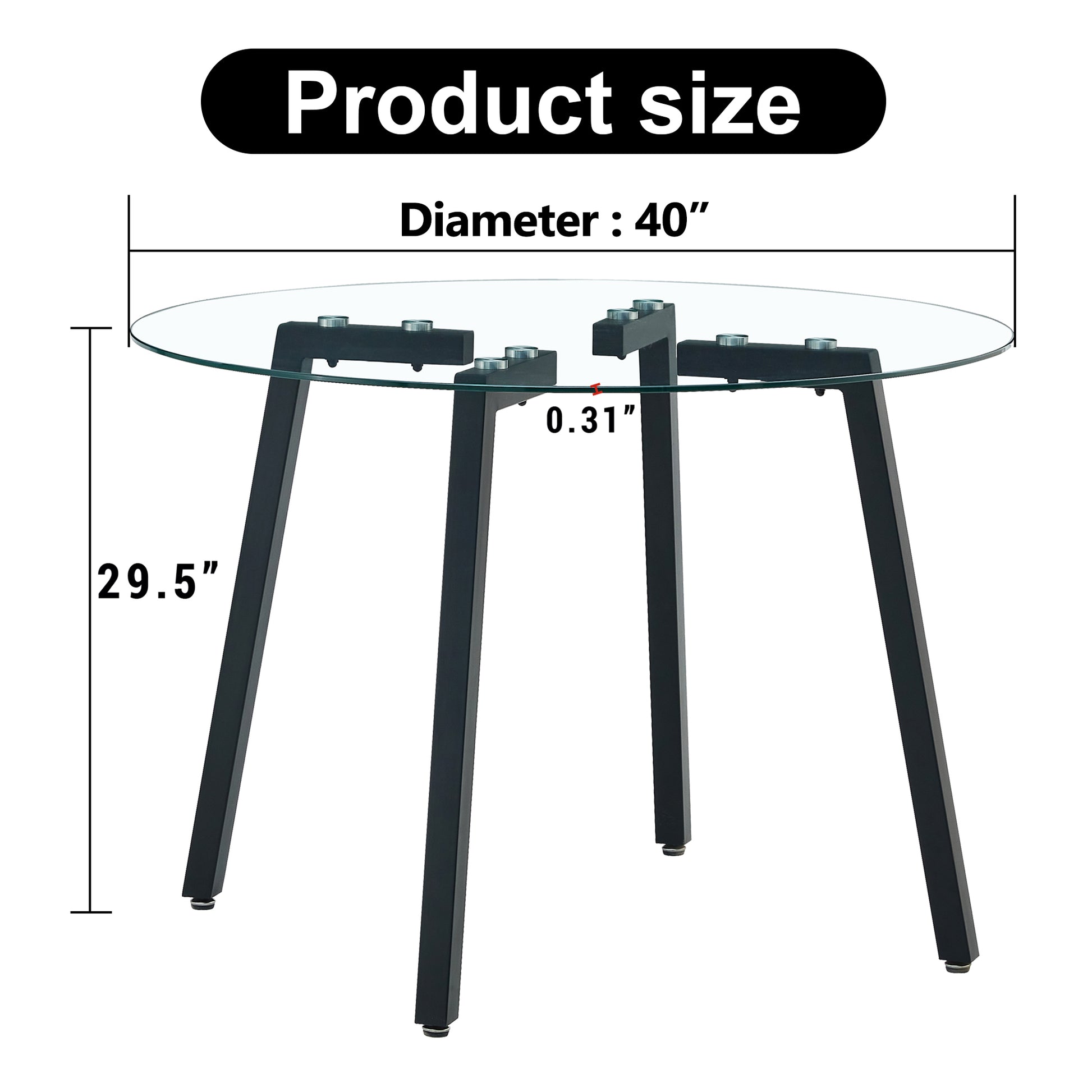 Modern Simple Style Round Transparent Tempered Glass Table, Tempered Glass Table Top, Black Metal Legs, Suitable For Kitchen, Dining Room And Living Room, 40 "*40" *29.5 "1123R Transparent Glass